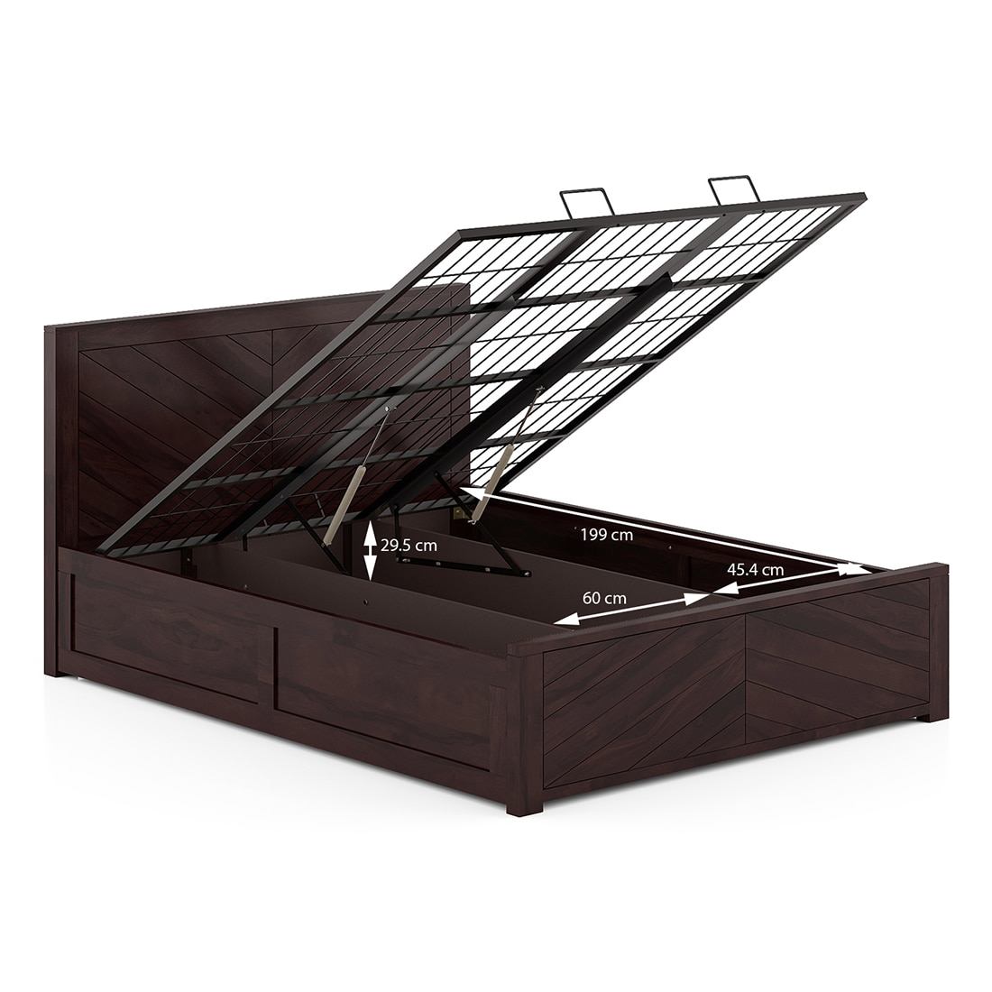 Almaya Solid Wood Queen Size Hydraulic Storage Bed In Mahogany Finish