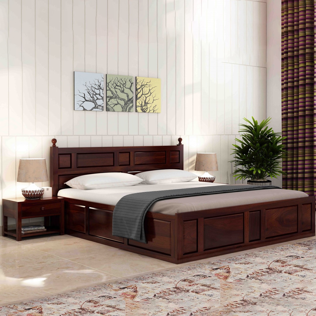 Krispy Solid Wood Queen Size Bed Without Storage (Walnut Finish)