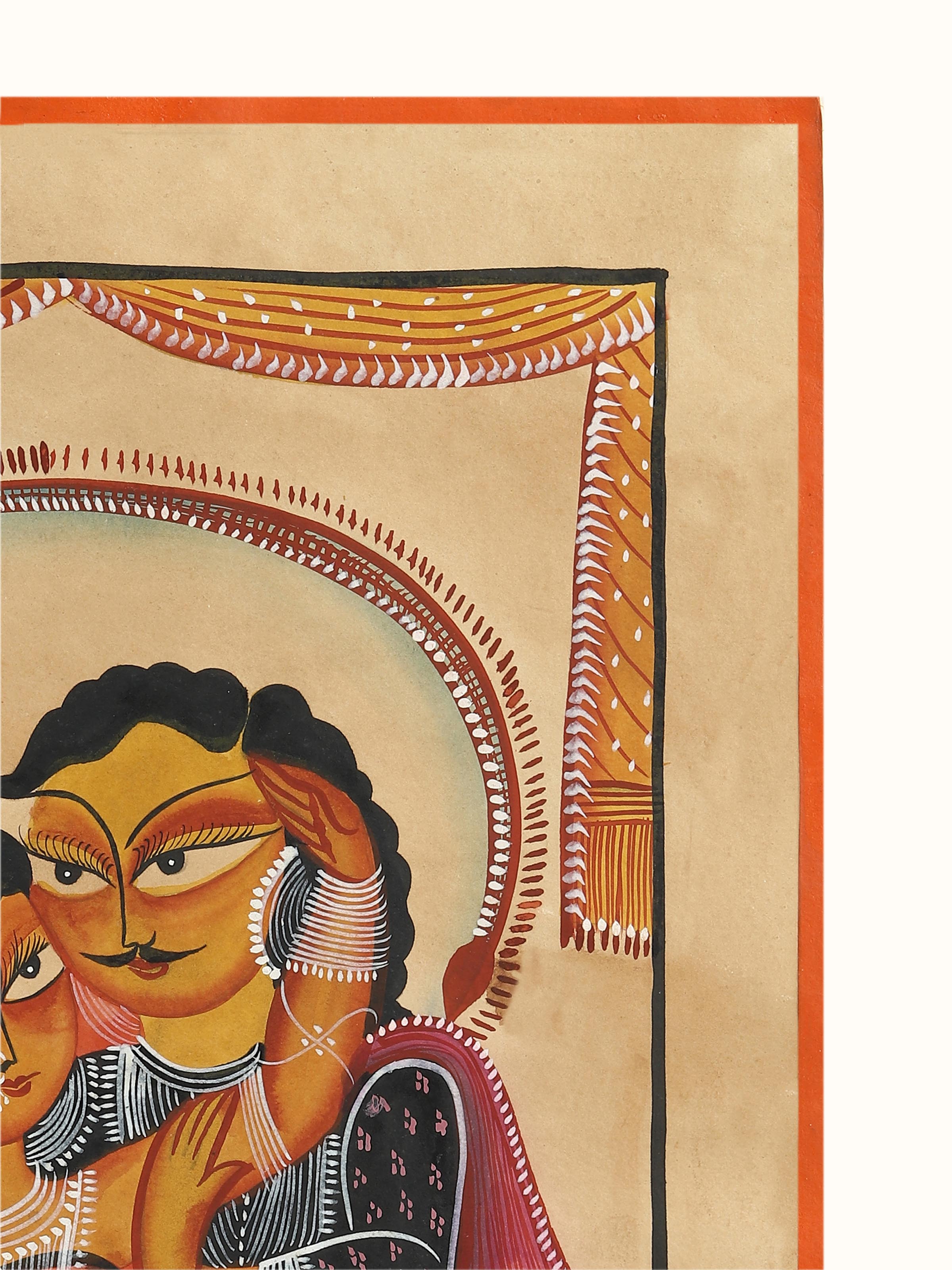 Detail close-up of Babu Bibi Kalighat painting showing brushwork