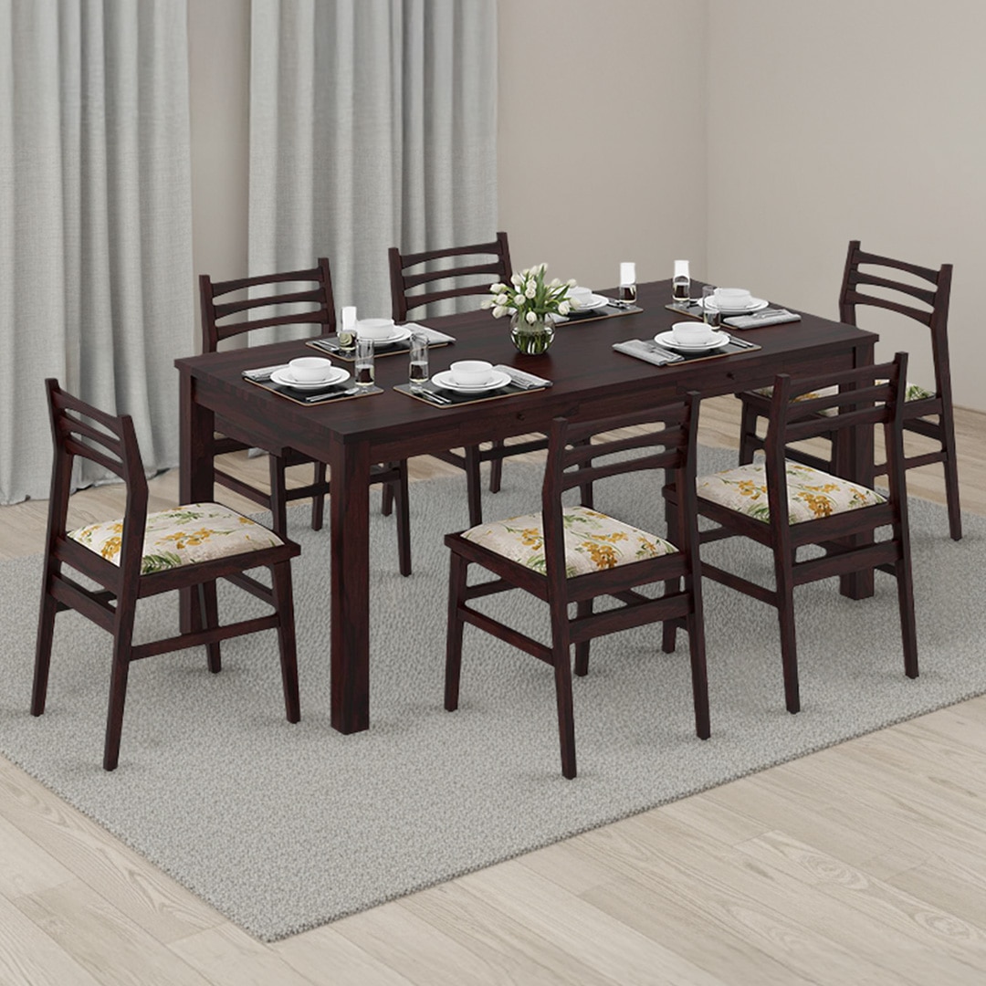 Arabia Leon Solid Wood 6 Seater Dining Table With Set Of 6 Chairs (Colour- Mustard Florals, Finish- Mahogany)