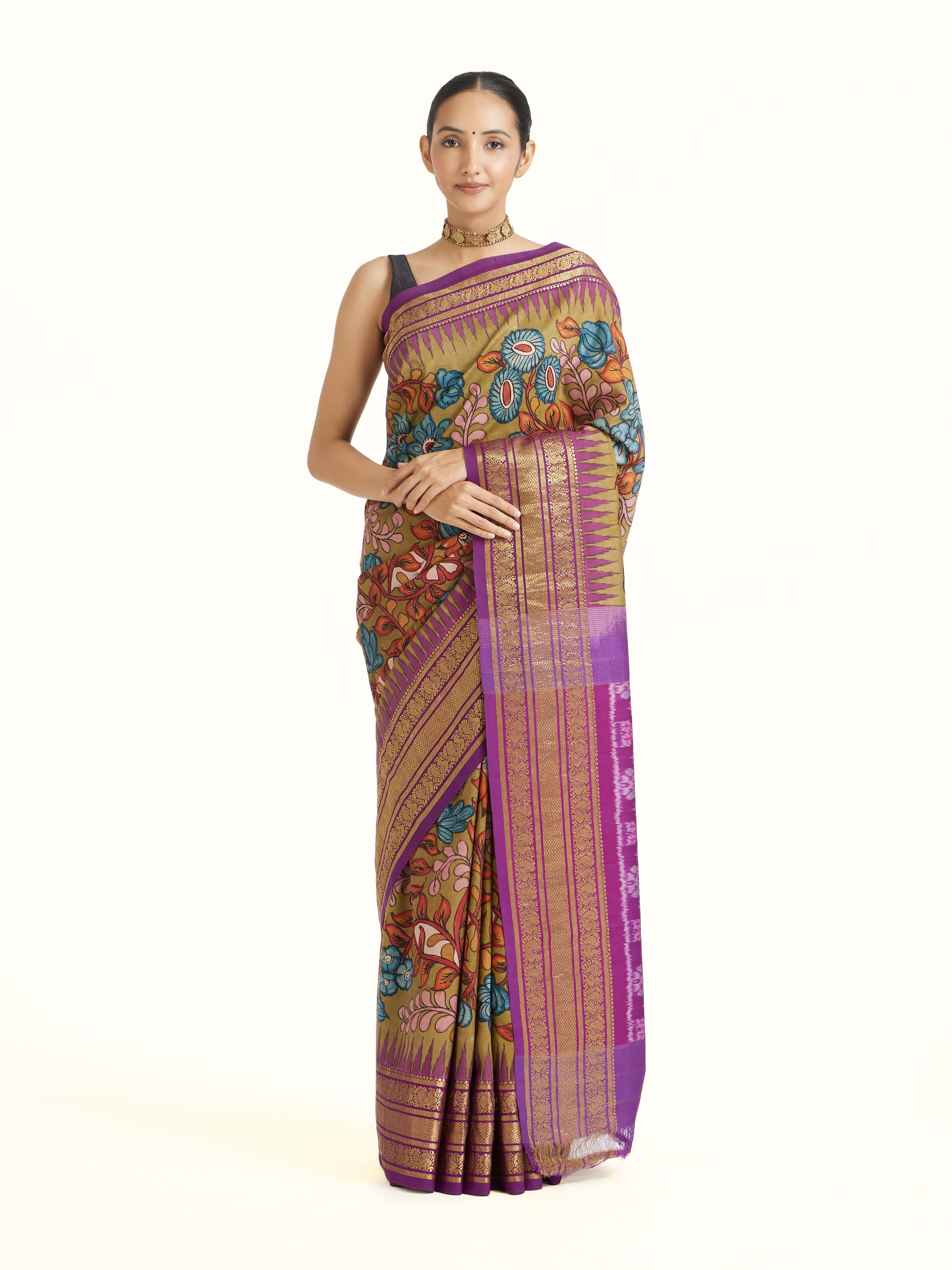 Purple Kalamkari Hand‑Painted Saree
