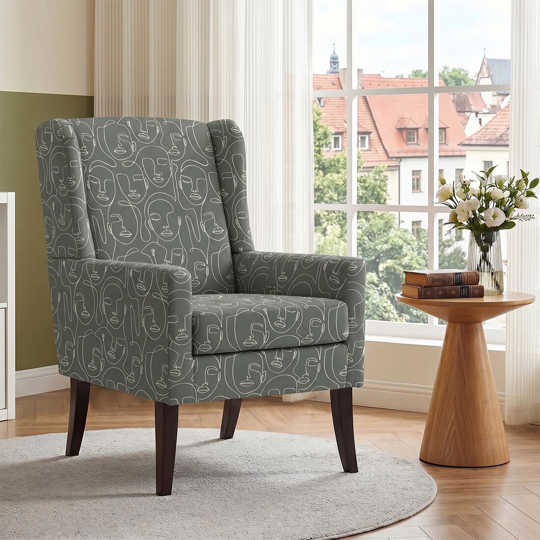 Joan Printed Human Canvas Fabric Wing Chair in Green Colour - KURSIWALLAH