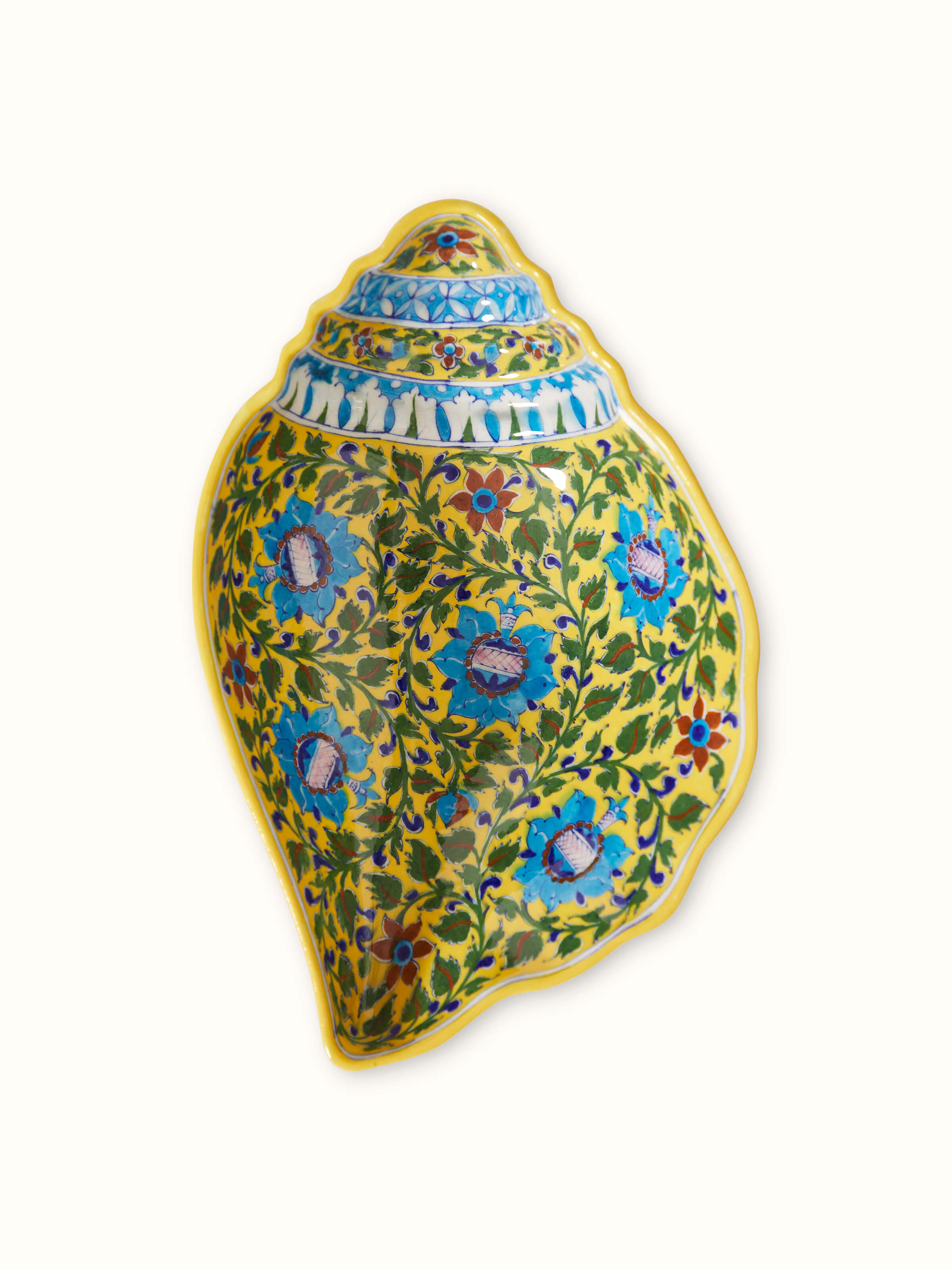 Detailed view of Blue pottery ceramic blossom shell artpiece multicolor
