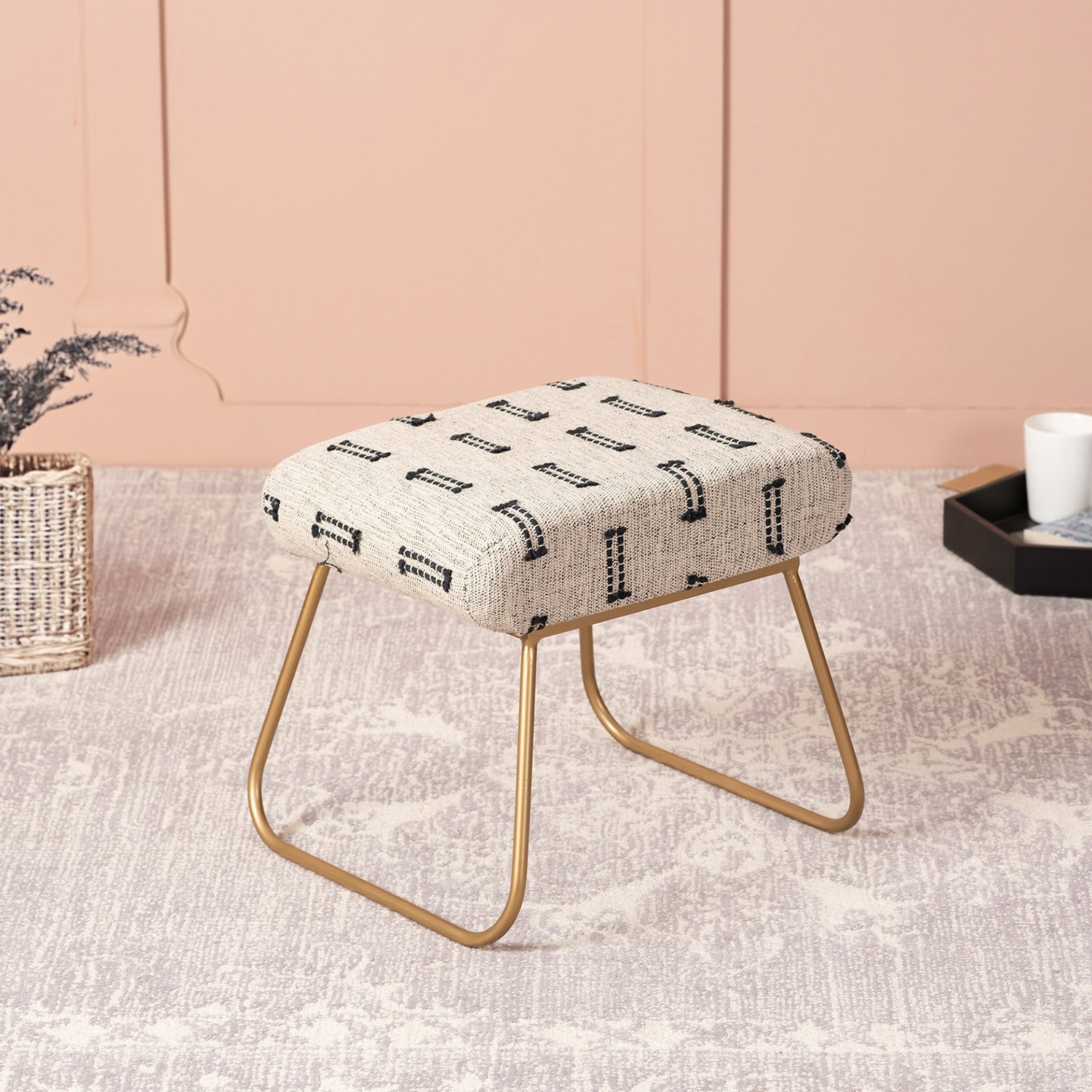 Bohemian Jacquard Metallic Stool in Black & Off White Color - Nestroots
