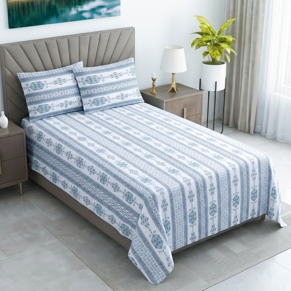 Blue And White Floral 400 Tc  Cotton Flat  Single Bed Size  Bedsheet With 2 Pillow Cover - Threads