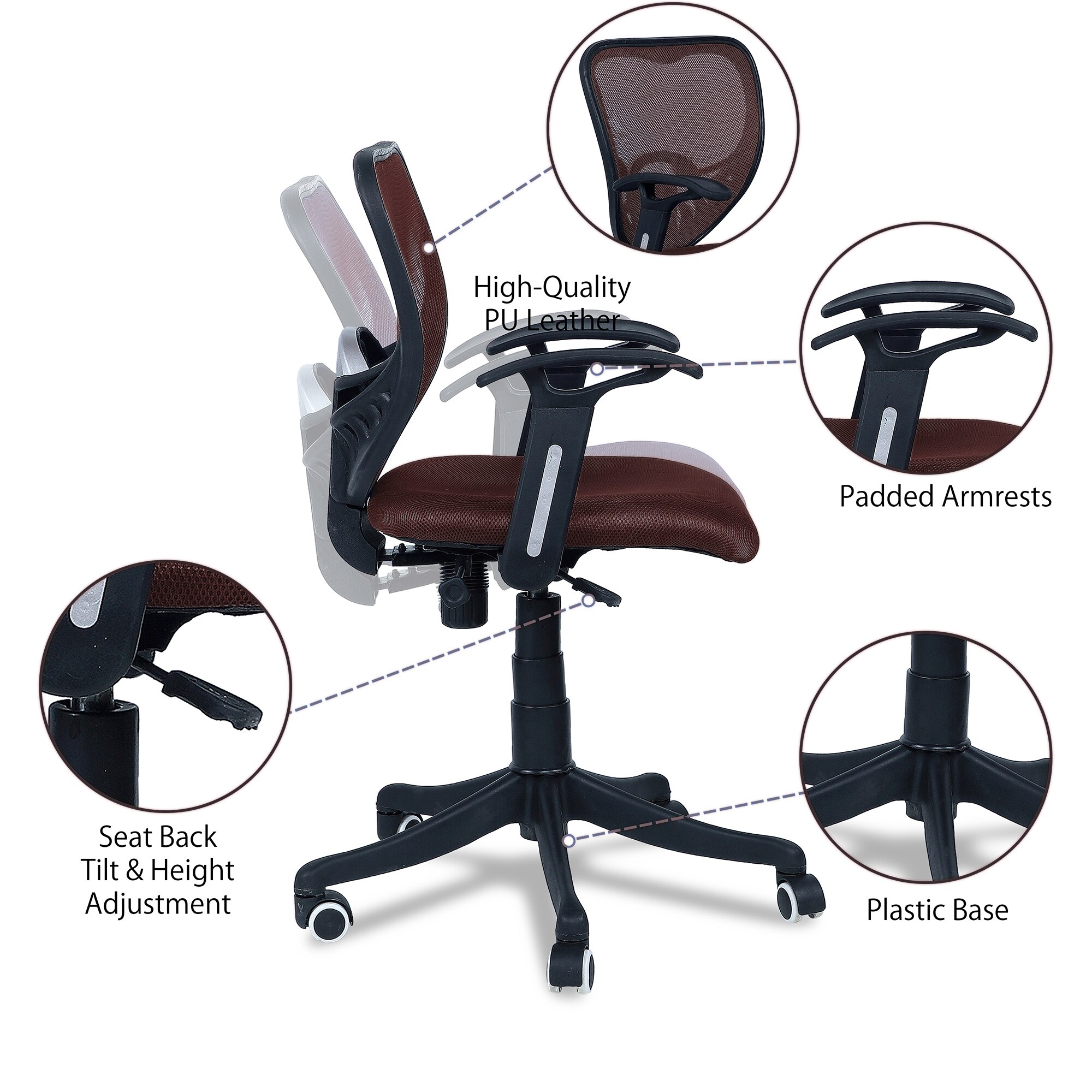 Odrione Low Back Ergonomic Chair in Brown Colour