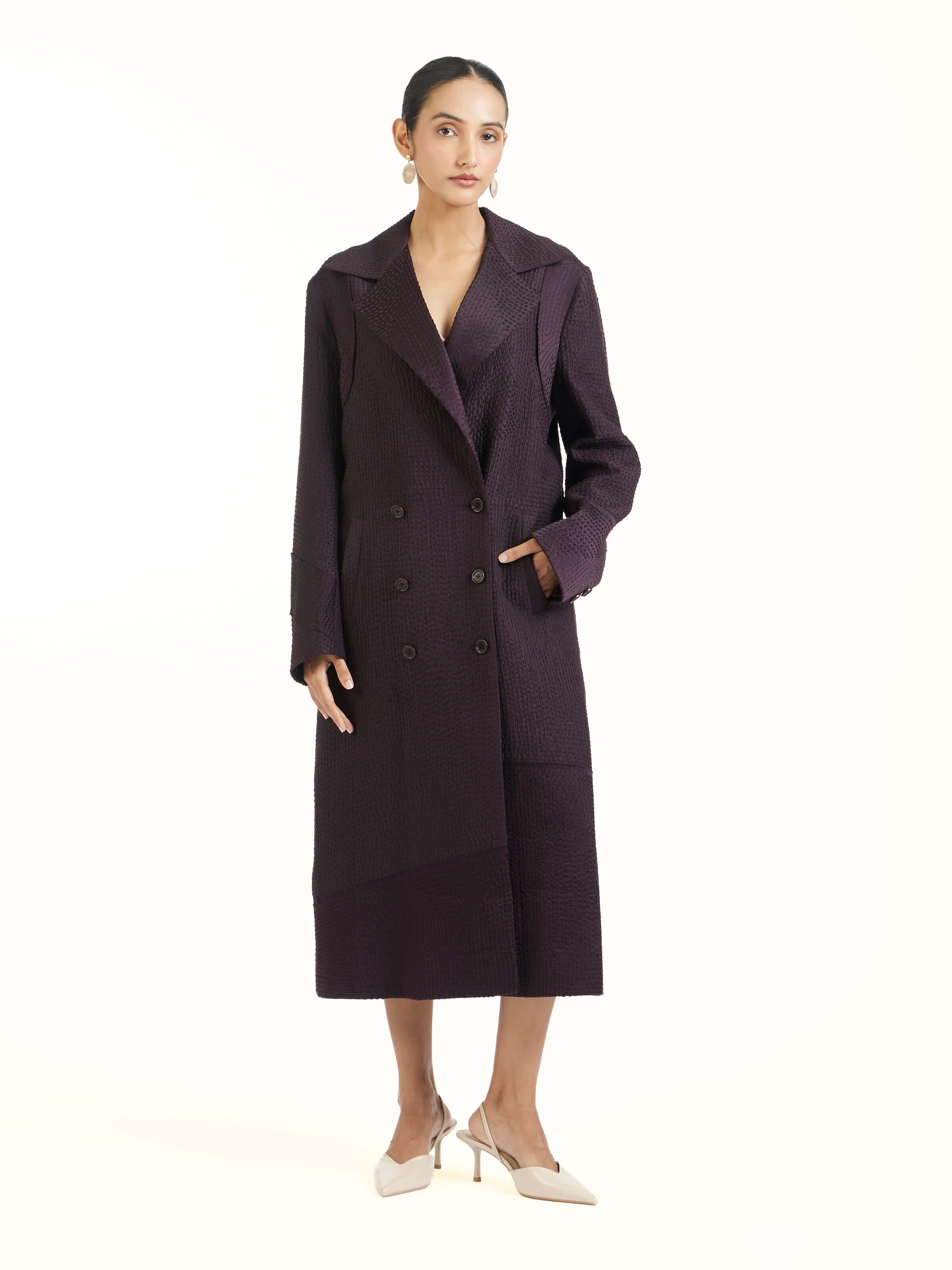 Front view of purple silk kantha trench coat with handcrafted kantha stitching