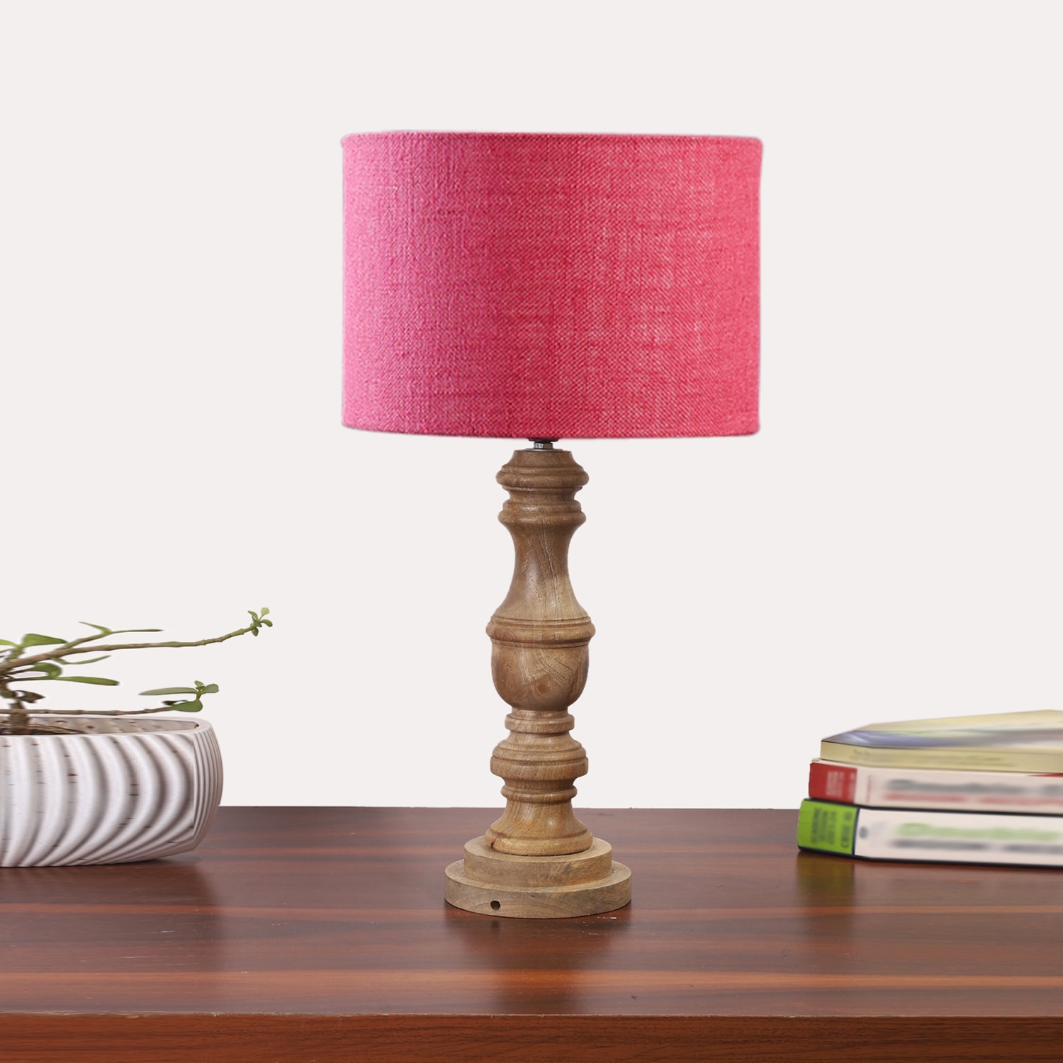 Devansh Pink Jute Table Lamp With Wood Natural Base (7X17.5 Inches)-11
