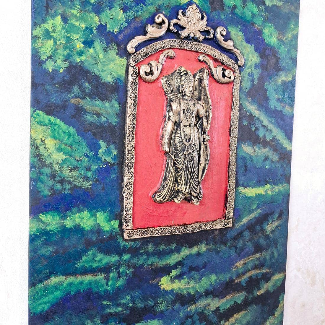 Multi Color Wooden Wall Art Panel with hand made God's idol Cone Art Work of Marble Dust and Clay
