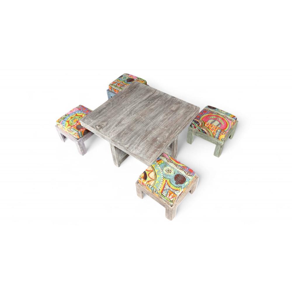 Blane Sheesham Wood Country Side Coffee Table Set With 4 Stools In Antique Multi-Colour Finish