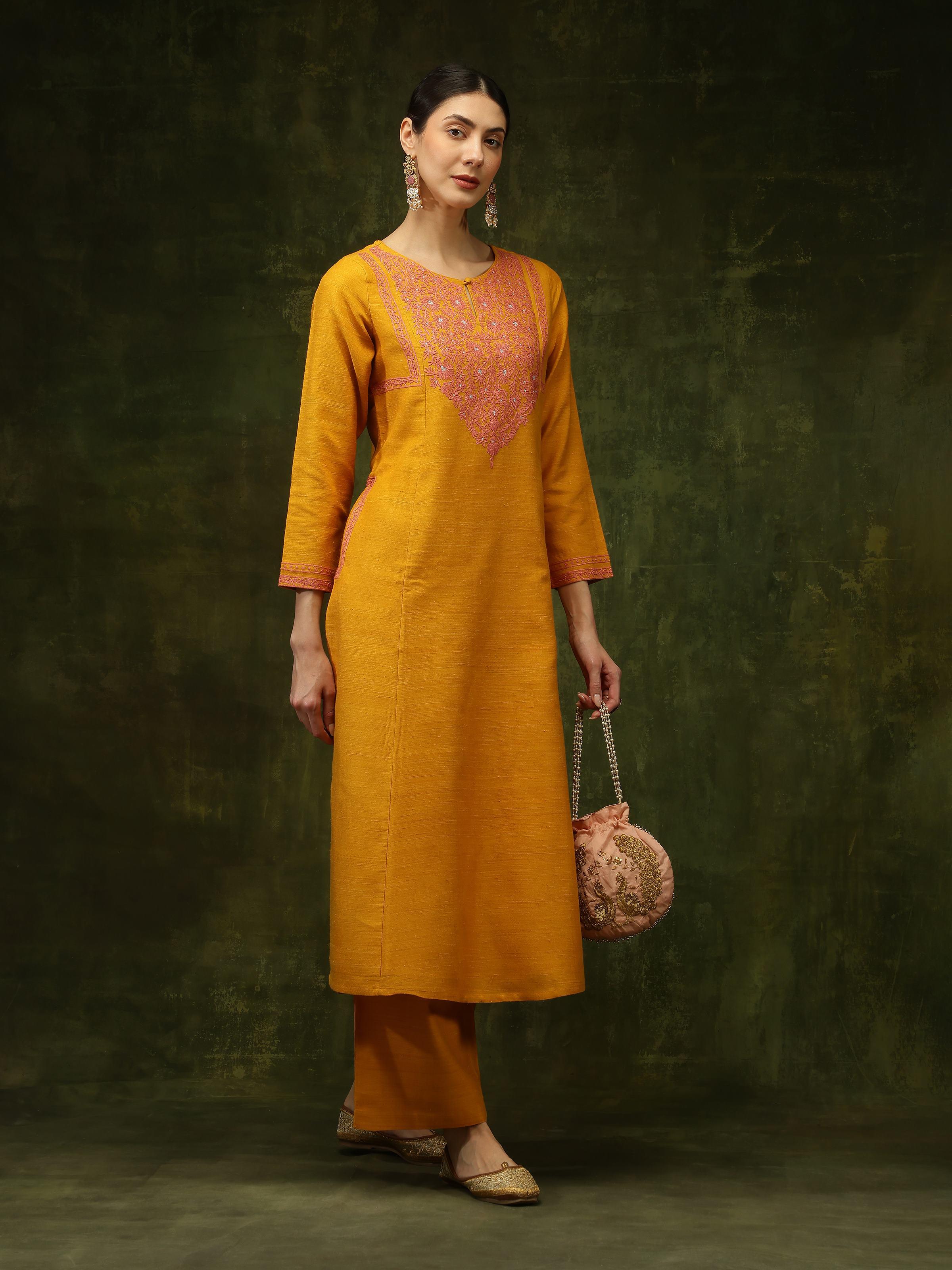 Mustard Silk Crewel Embroidered A-Line Kurta