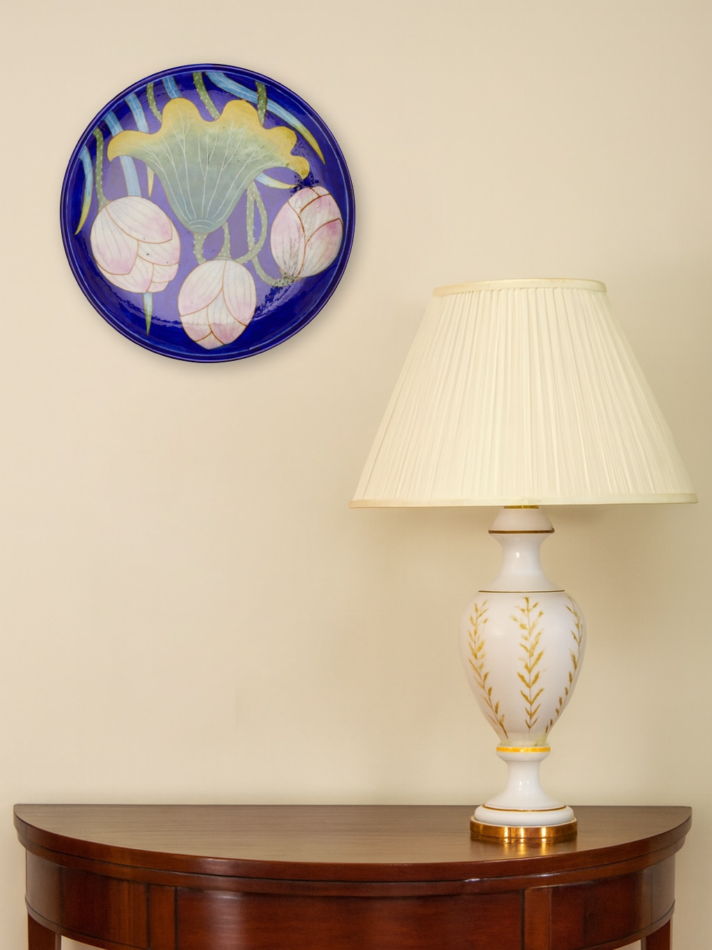 Lifestyle view of Blue Pottery Lotus with Leaf Display Plate