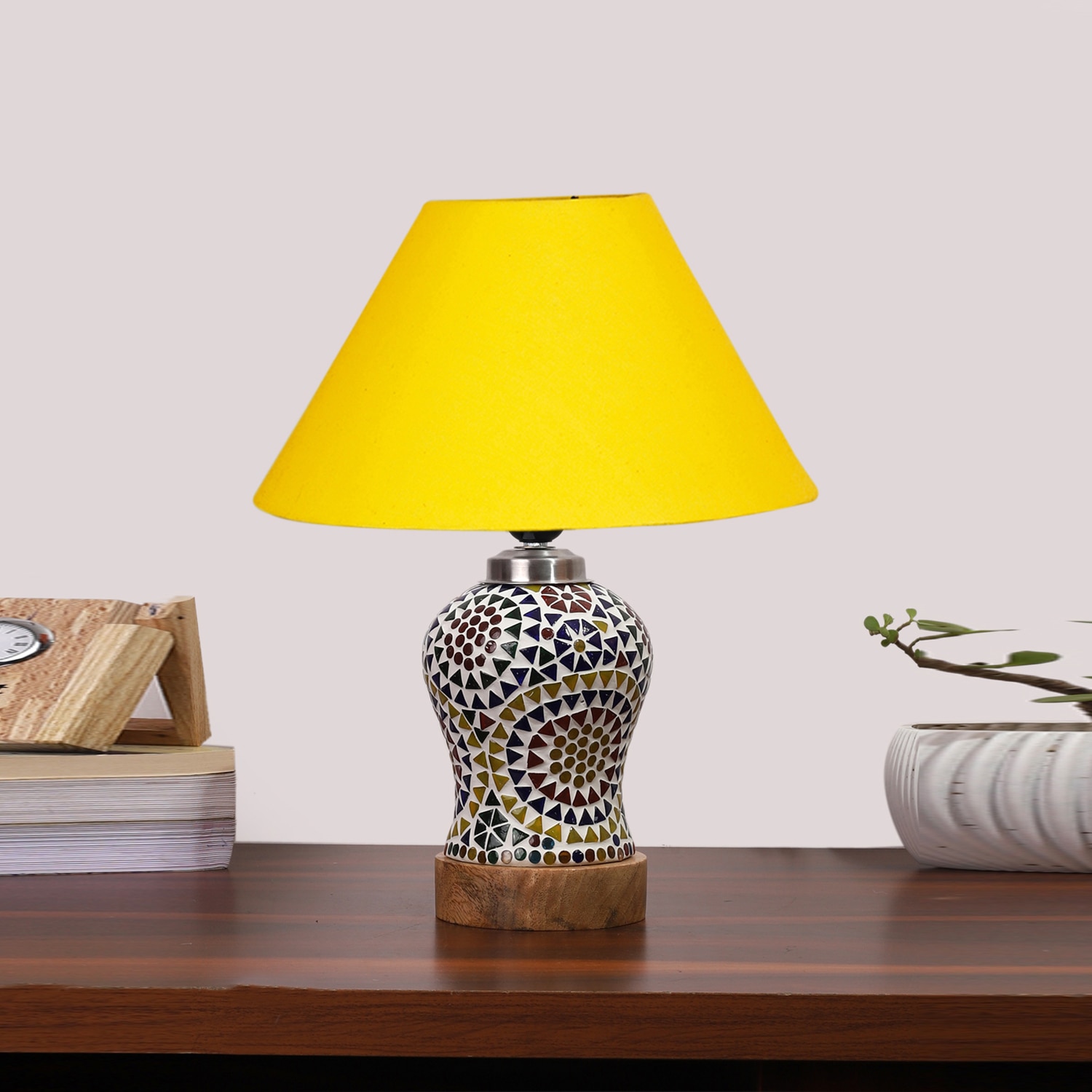 Devansh Conical Yellow Cotton Shade Lamp With Wood & Mosaic Glass Base For Decoration/Office/Home/Gifting/Study For Decoration/Office/Home/Gifting/Study -(10X10X14.5) Inches -A - Devansh