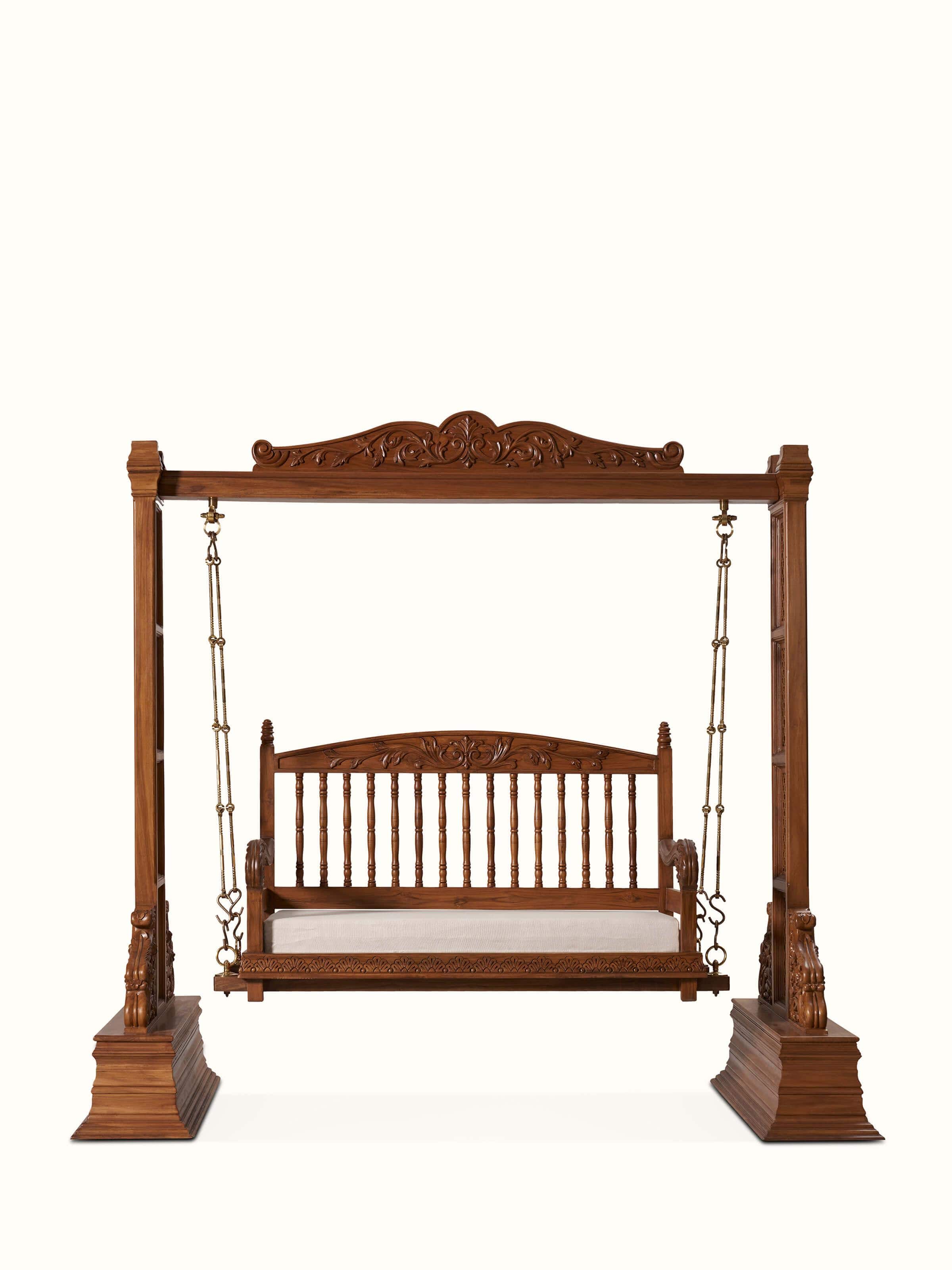 Front view of the upholstered Sheesham wood 2-seater swing, showcasing its elegant design and comfortable upholstery