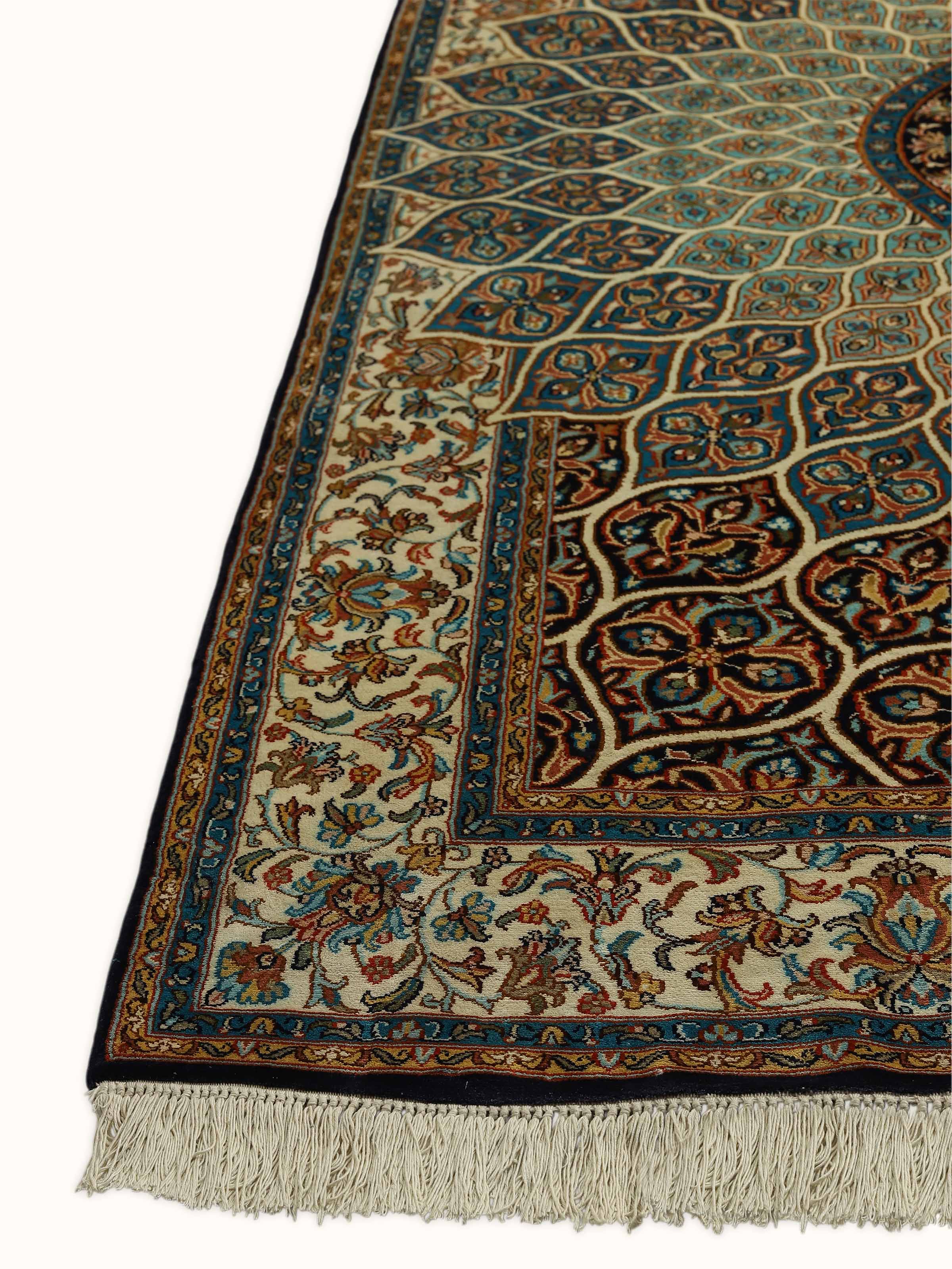 Traditional Persian Blue Gumbad Kashmir Silk Hand-Knotted Rug