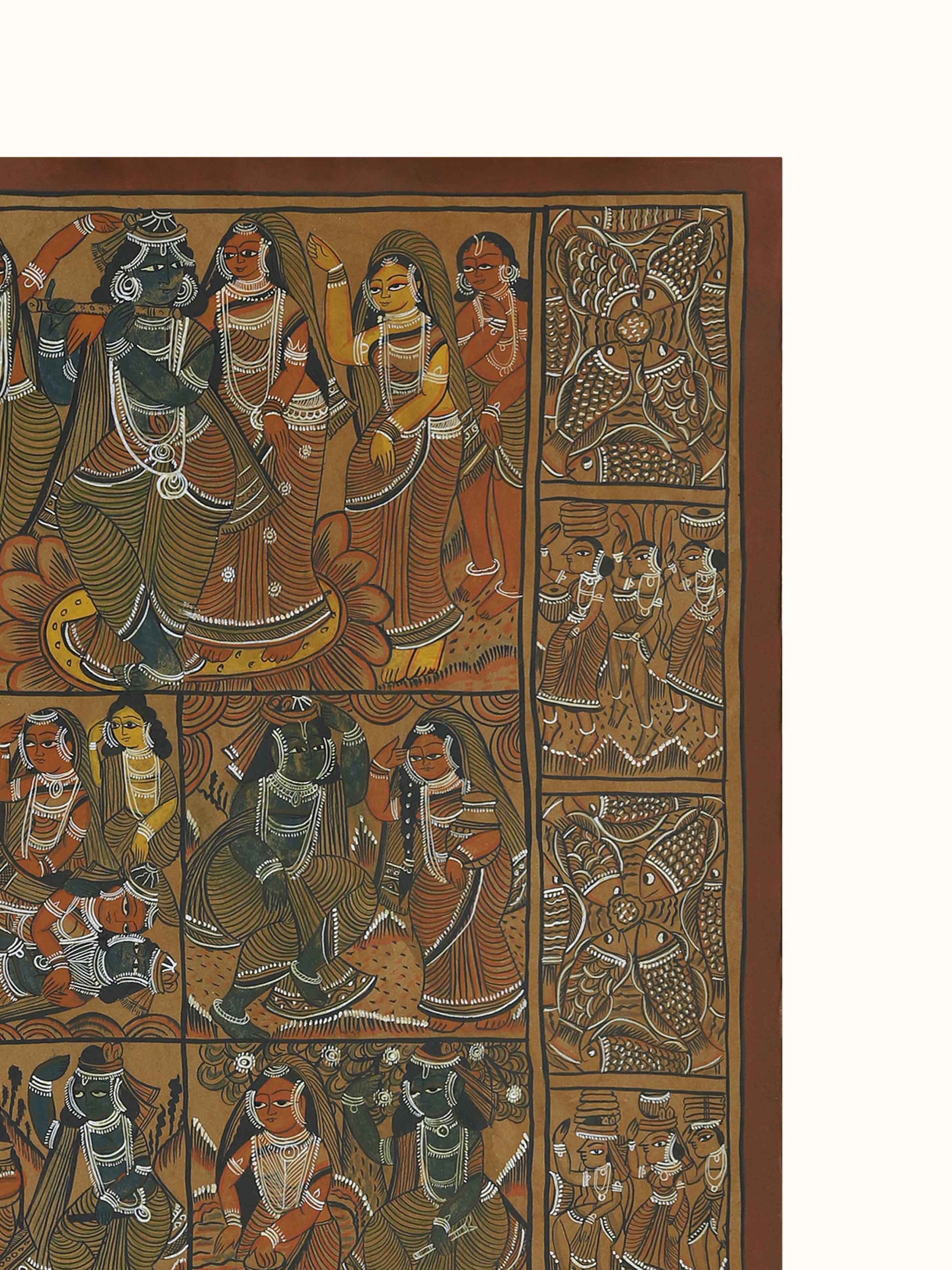 Close-up detail view of Krishna story Kalighat folk art painting