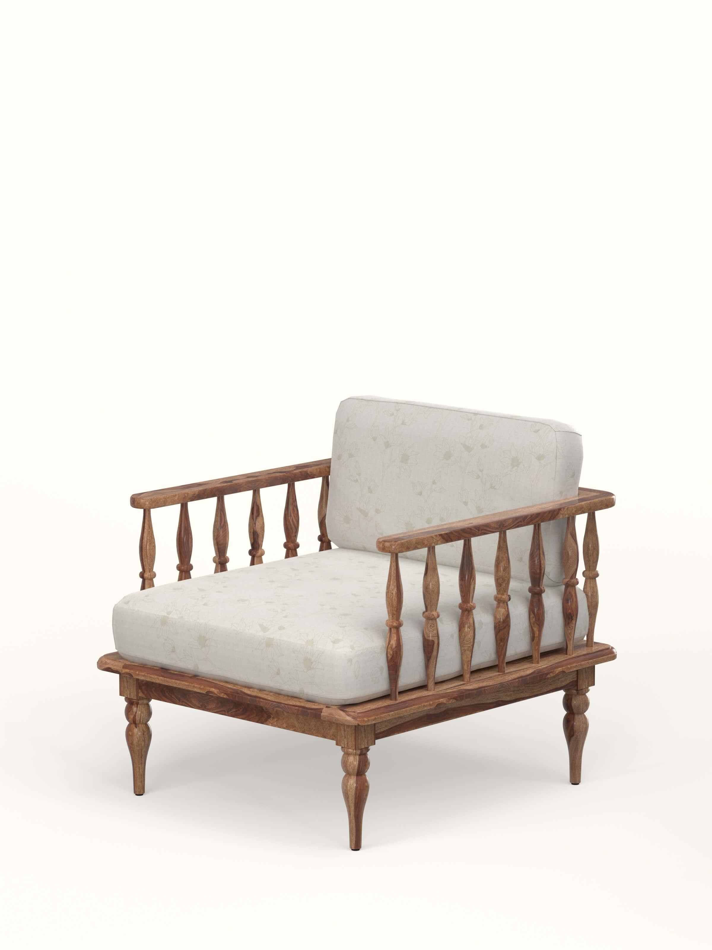 Side view of the natural finish upholstered Sheesham wood 1-seater sofa, showcasing the wood's rich grain and the sofa's elegant upholstery
