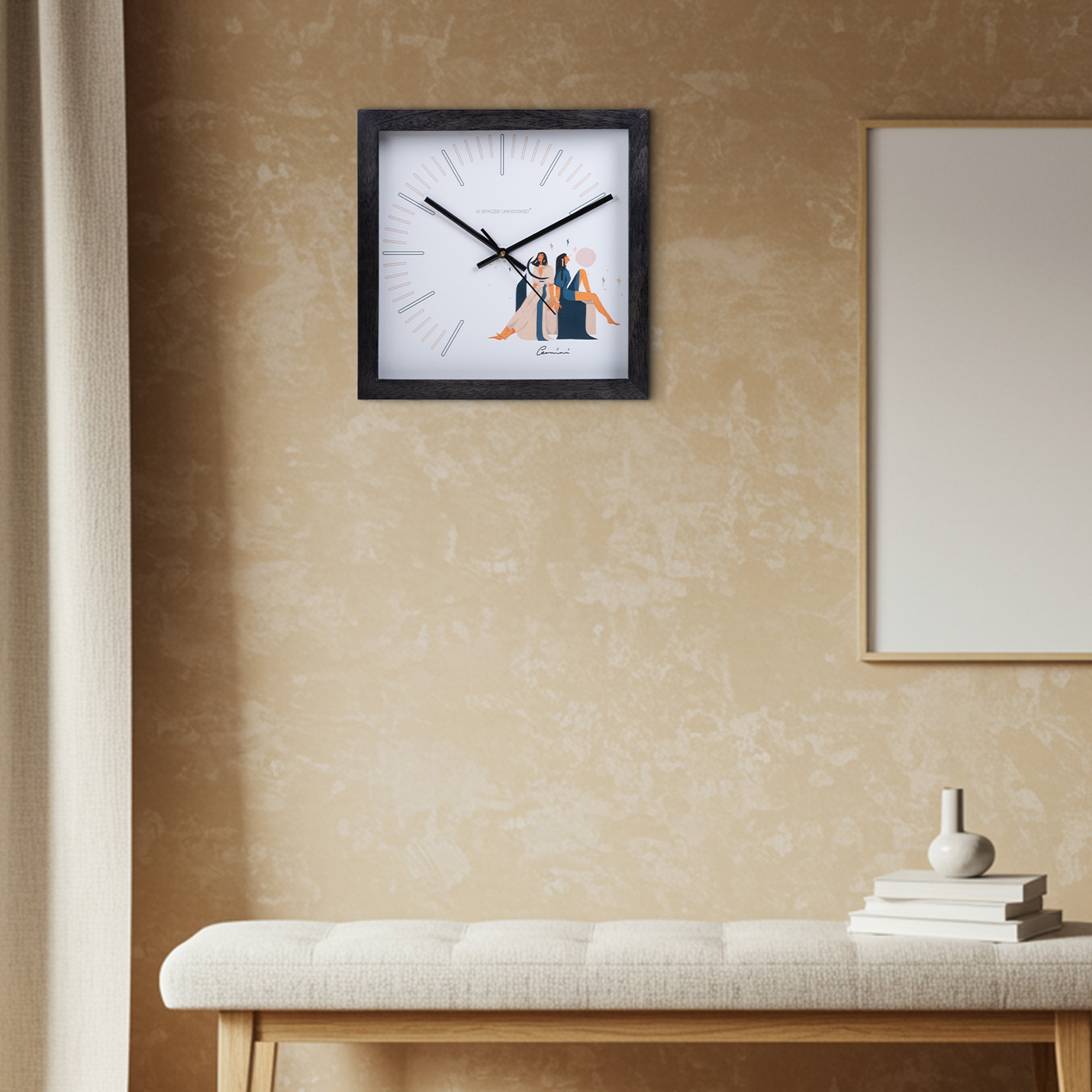 Gemini Zodiac Wooden Wall Clock with Playful Illustration