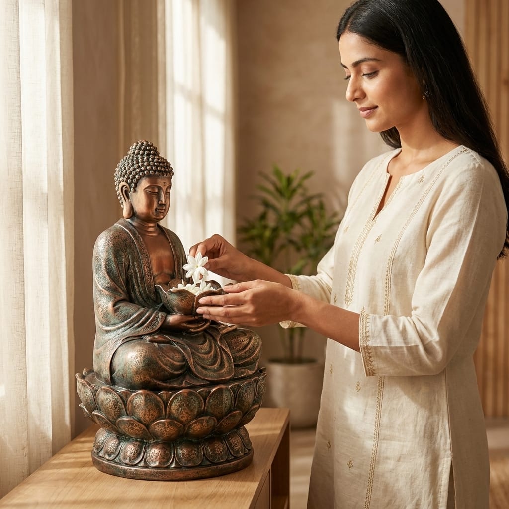Water Fountain Meditating Buddha Serenity Water Fountain in Multicolor Colour - Vedas