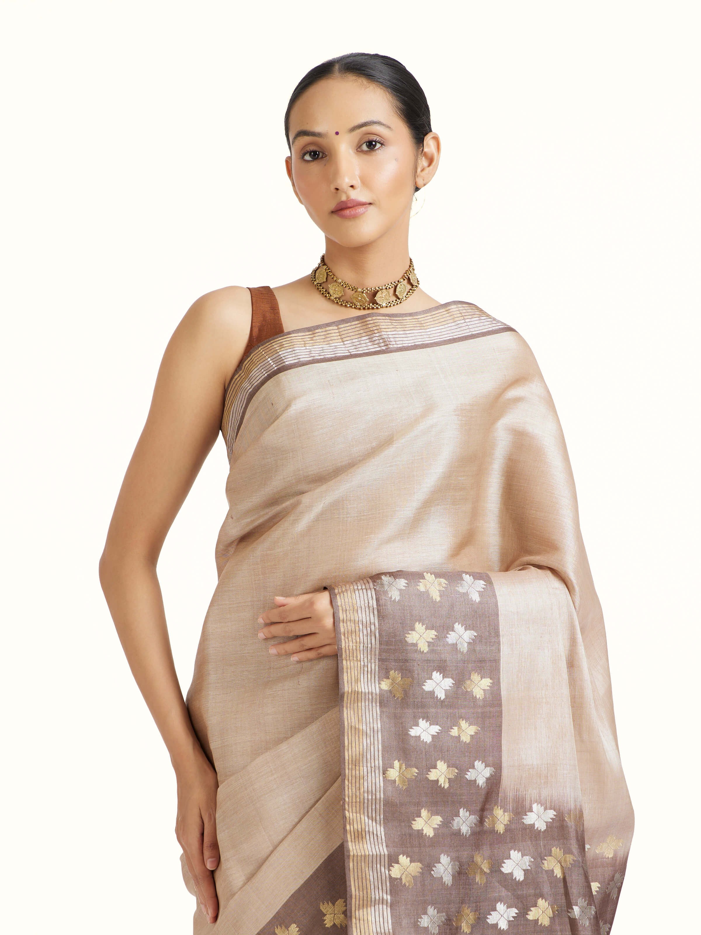 Beige Tussar Silk Saree