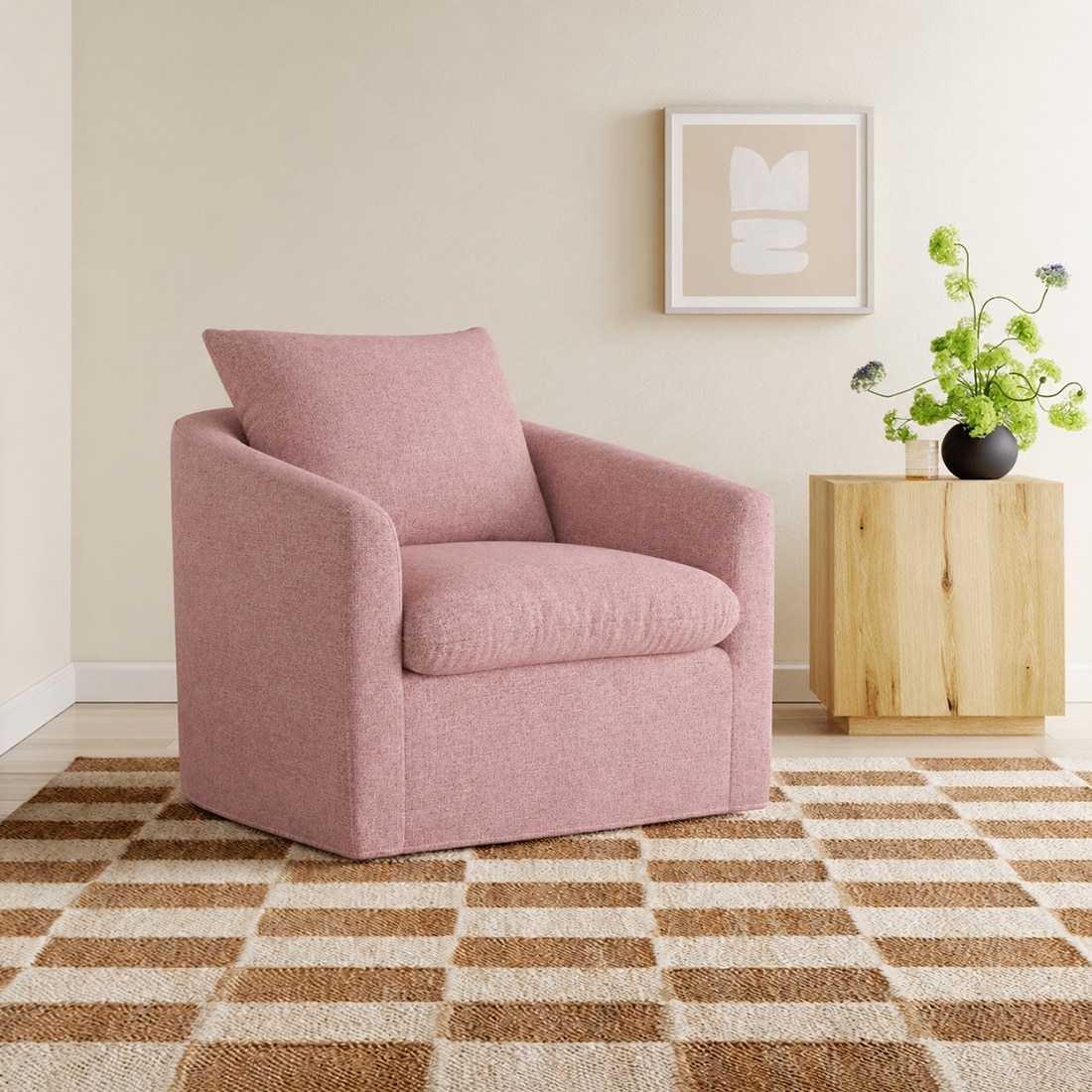 Oxford Boucle Fabric Lounge Chair in Pink Colour - KURSIWALLAH