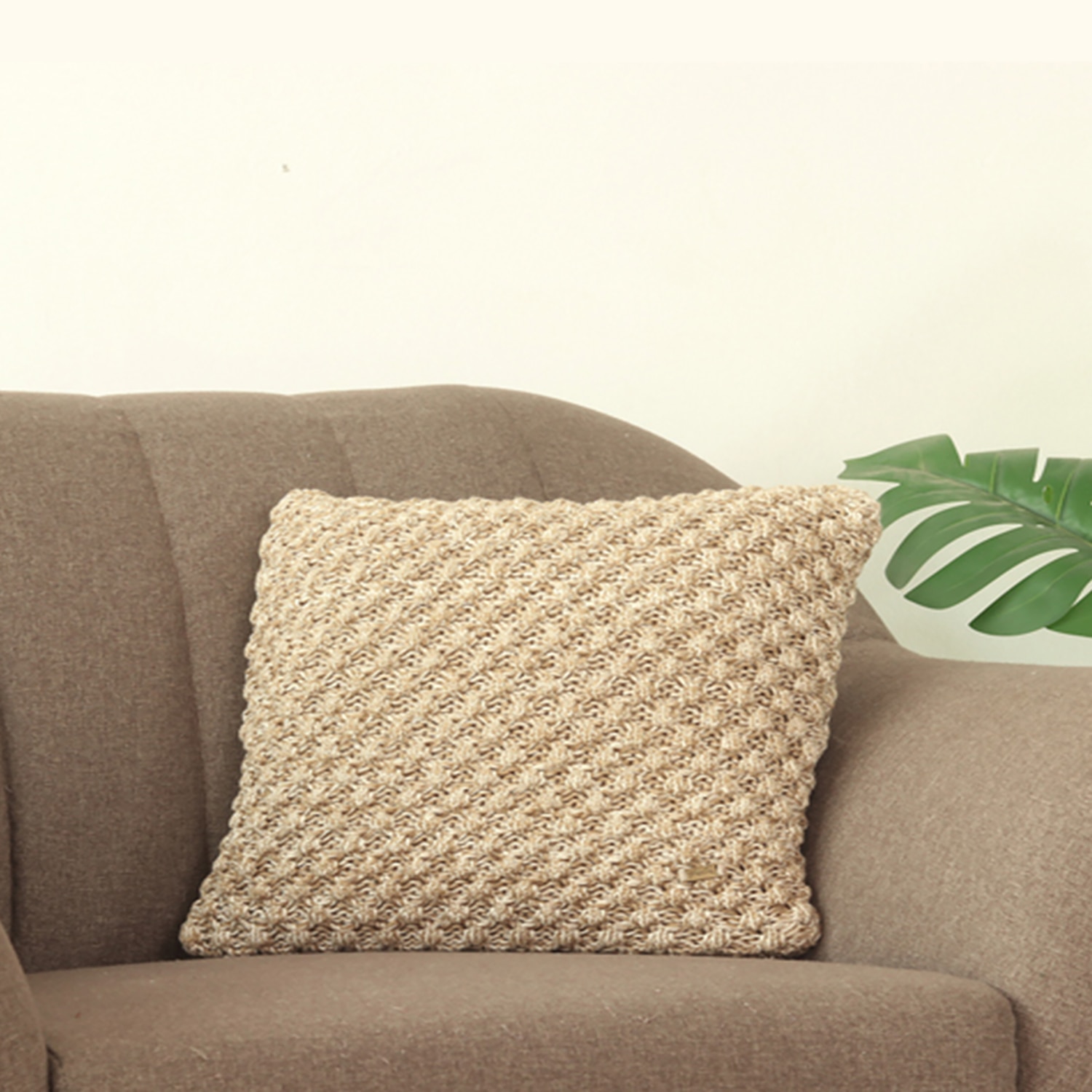 Popcorn Khaki  And Natural Knitted Cushion Cover  16X16 Inches - Pluchi
