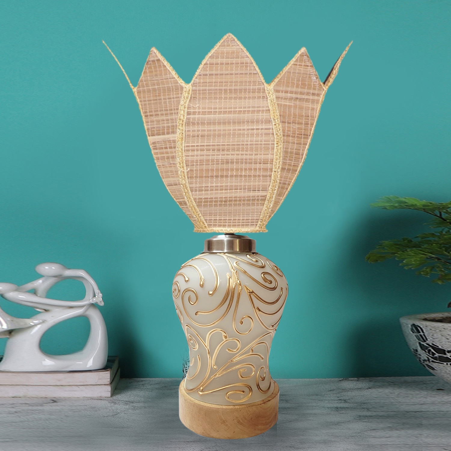 Devansh Lotus Bamboo  Shade  Lamp With  Wood & Mosaic Glass Base For Decoration /Office/Home/Gifting/Study For Office/Home/Gifting -(12X12X19.25) Inches -