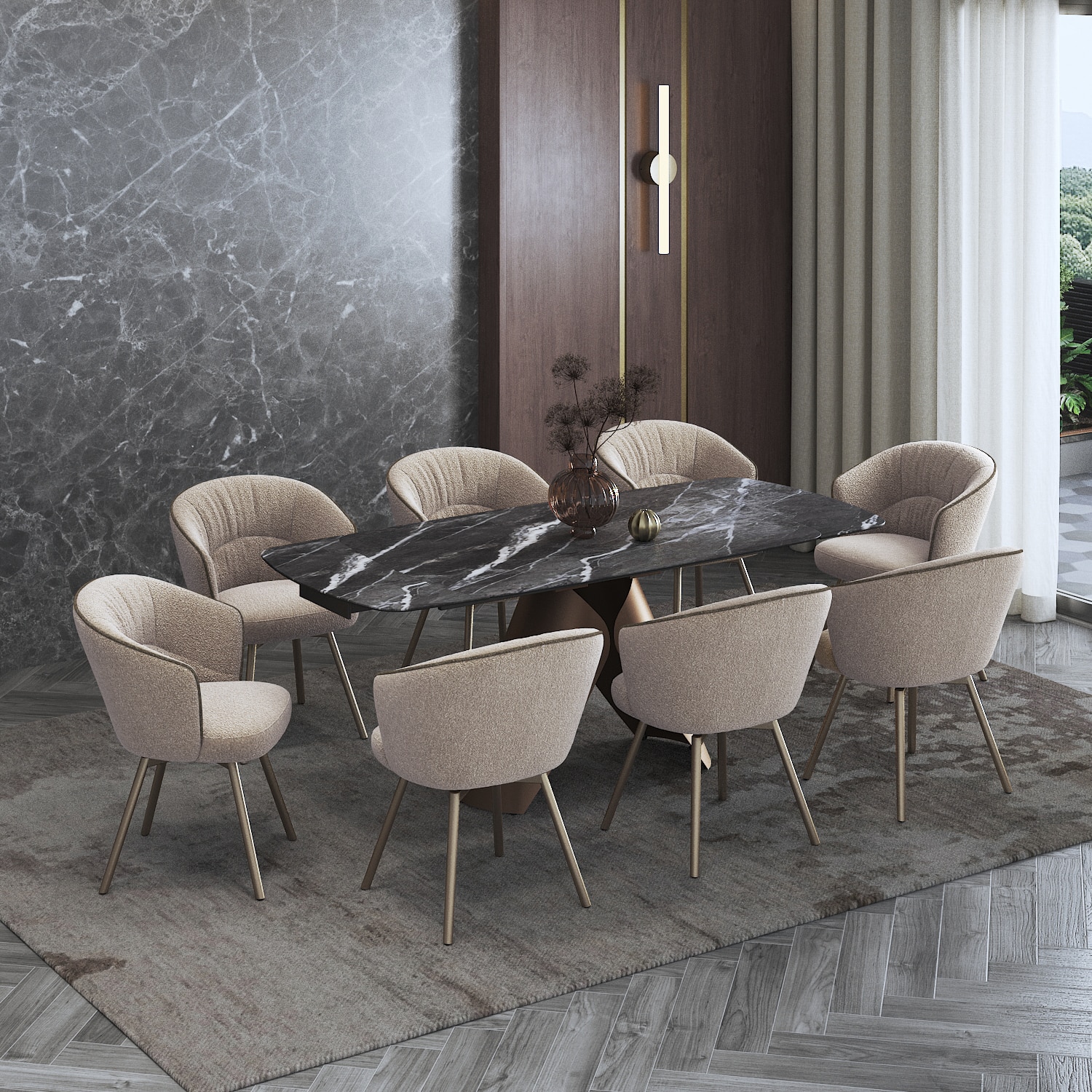 Aeris Ceramic 6 to 8 Seater Extendable Dining Table With Set of 3  Calix Dining Chair