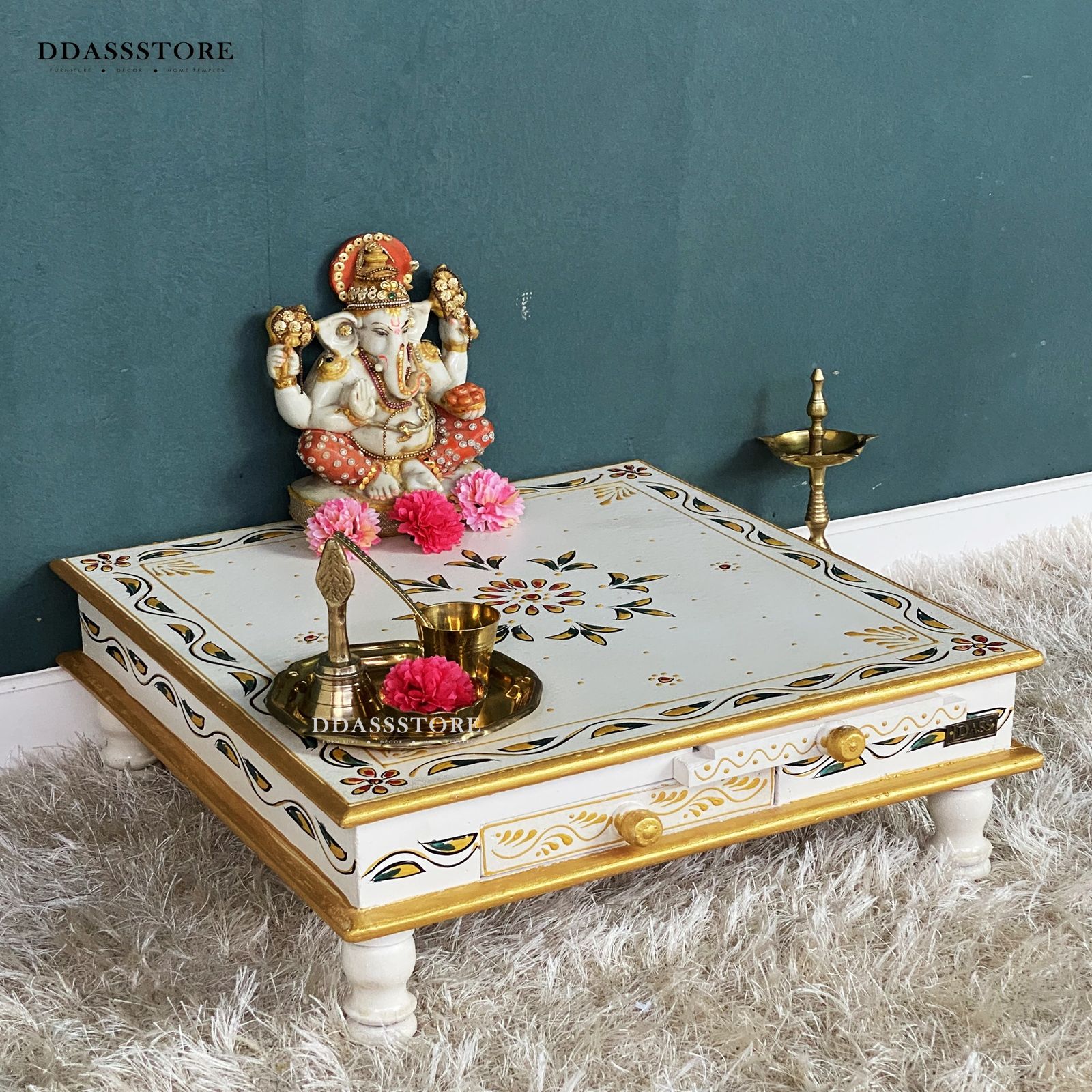 D'Dass White Mdf and Sheesham Wooden Pooja Chowki With Drawer - D'DASS