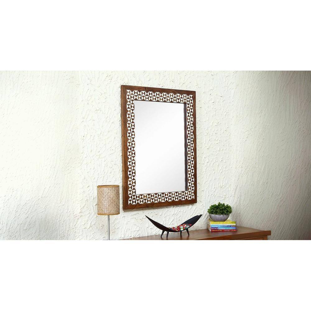 Hexagonal Design Bone Inlay Wooden Wall Mirror 30.5inx2inx38.5in