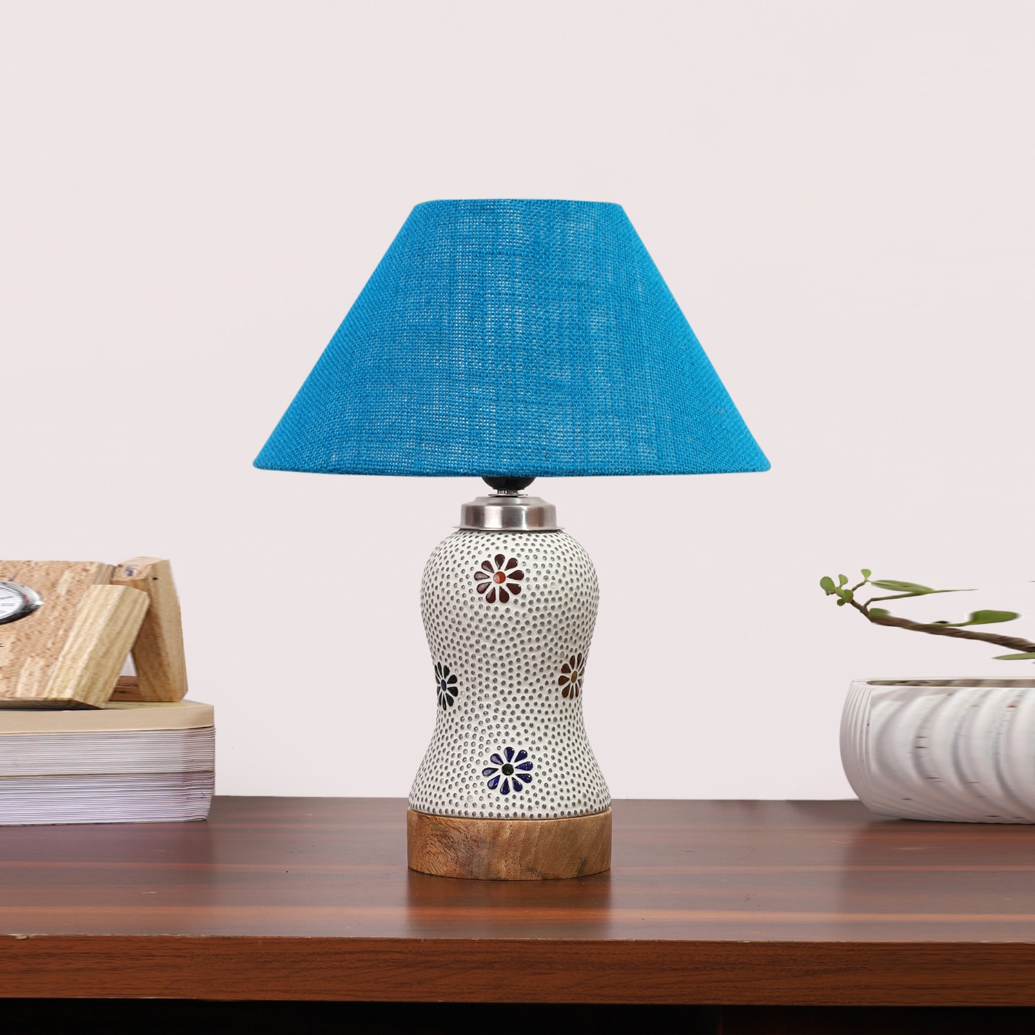 Devansh Conical Turquoise Jute Shade Lamp With Wood & Mosaic Glass Base For Decoration/Office/Home/Gifting/Study For Decoration/Office/Home/Gifting/Study -(10X10X14.5) Inches -A - Devansh
