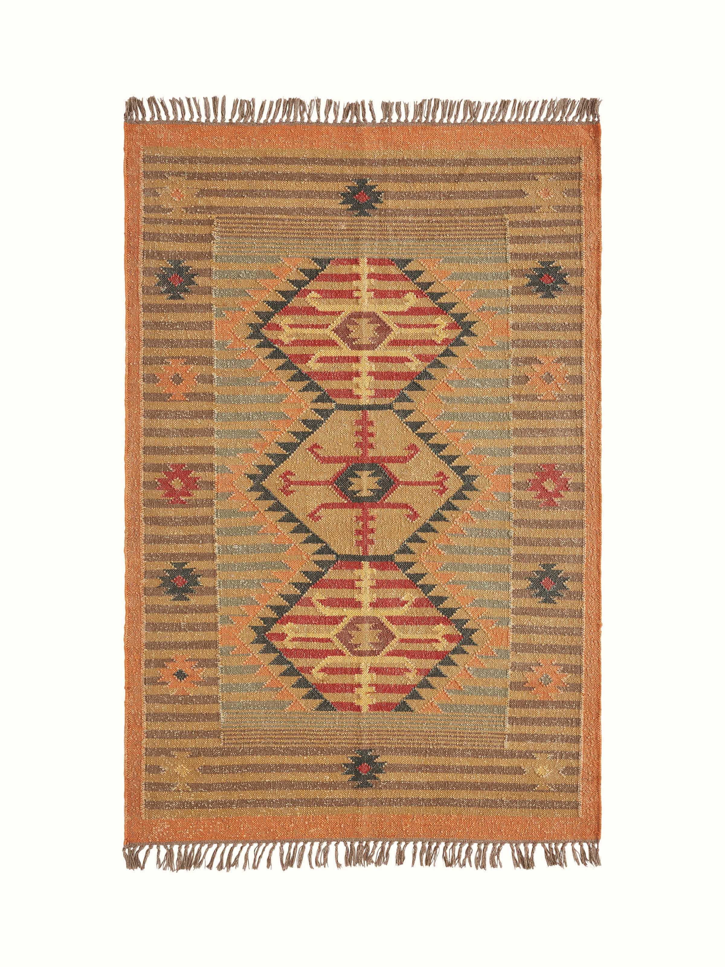 Top view of Traditional Kilim rust Lawan jute and wool Panja dhurrie showcasing its intricate geometric patterns and rich color