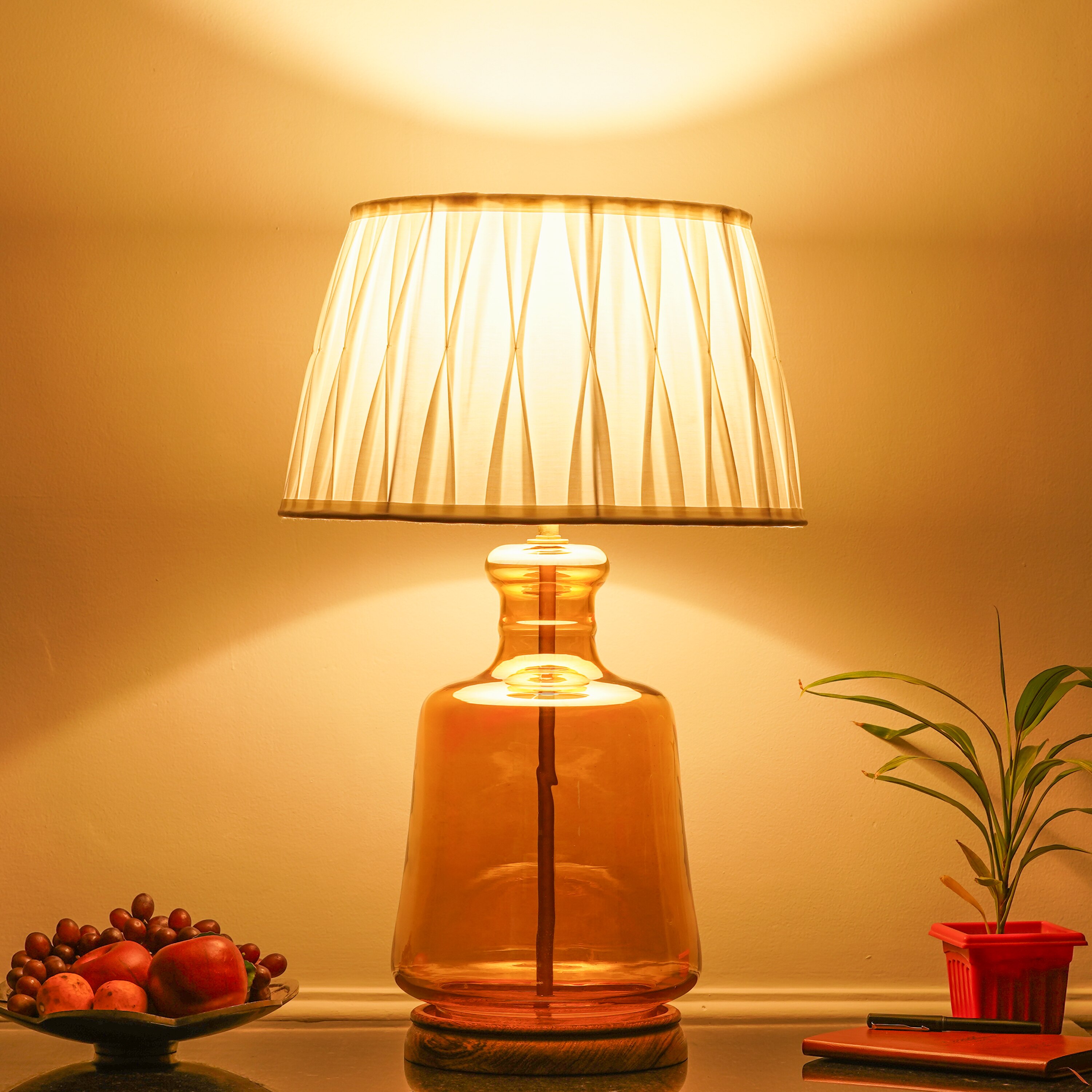 PAOLA  Amber Glass and Wood table Lamp With Tuck Plated White Cotton Shade