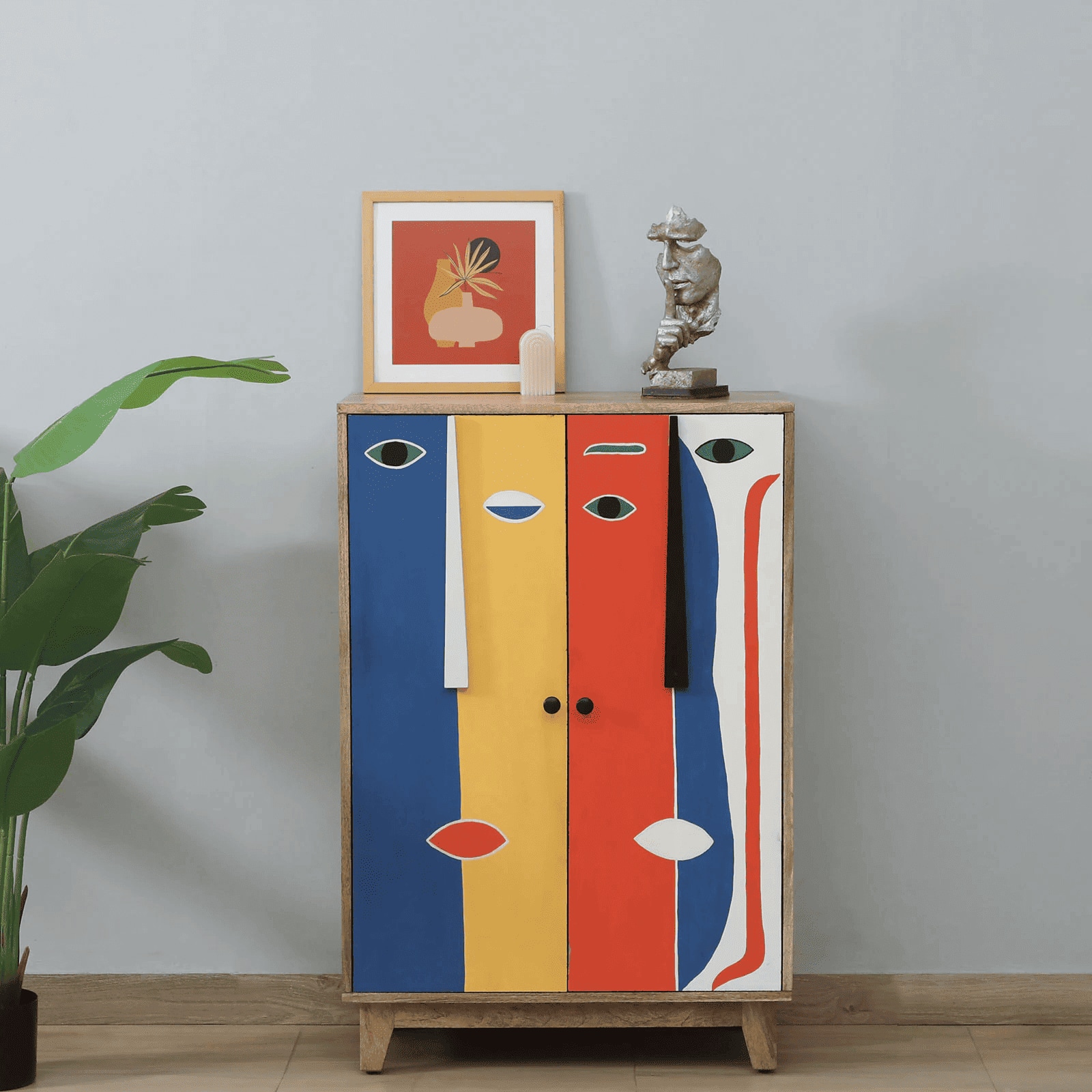 Olio Mango Wood Hand Painted Multicolor 2 Door Cabinet In Natural Finish