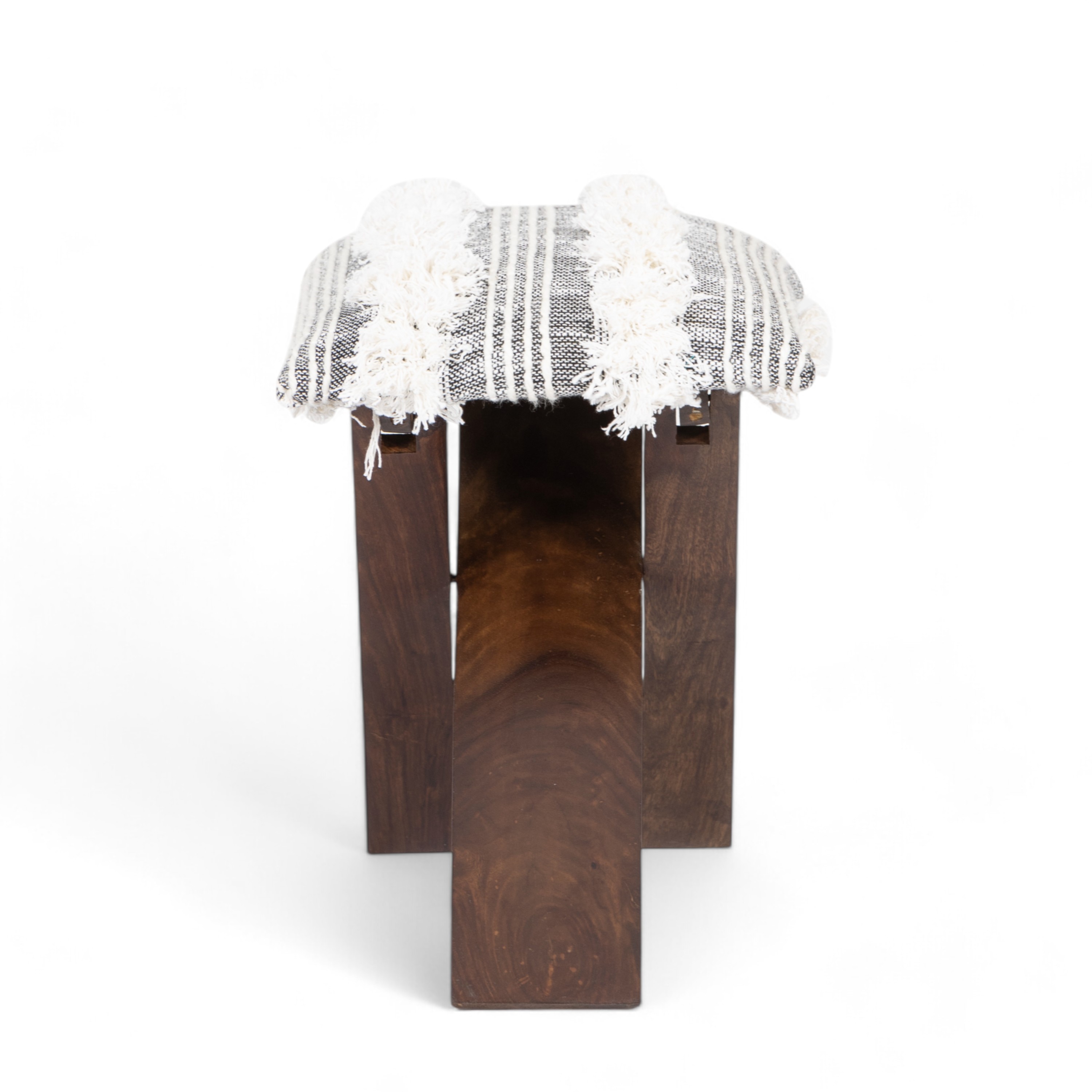 Dayton Sheesham Wood Mid Century Square Set of 2   Stools in Grey Fabric   Fringes Upholstery