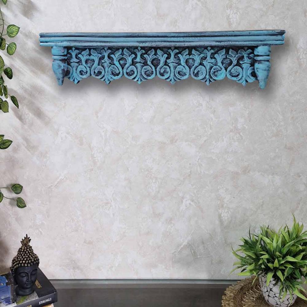 Favro Teal Colour Solid Wood Handcarved Floating Wall shelf