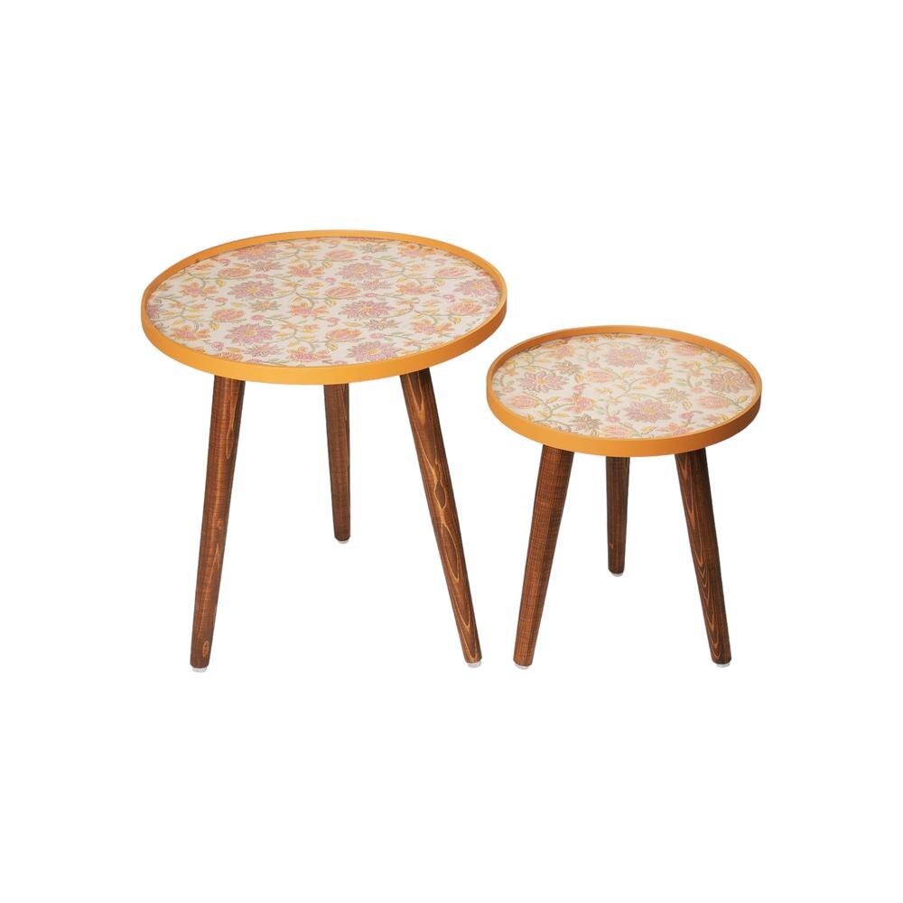 Pink and Yellow Floral Round Nesting Tables with Wooden Legs, Side Tables, Wooden Tables, Living Room Decor by A Tiny Mistake