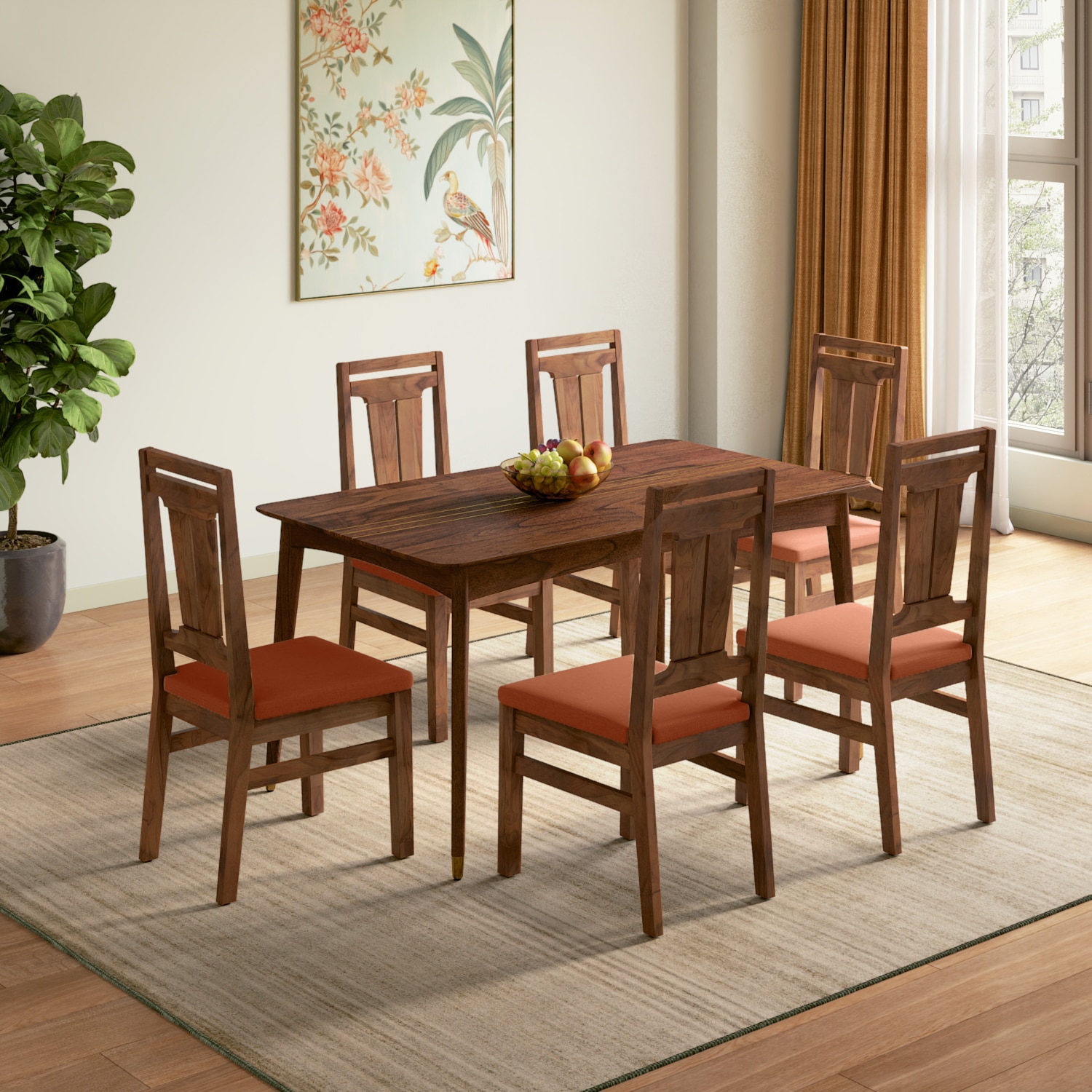 Saar Teak Wood Compact Dining Table 6 Seater with 6 Tessa Dining Chairs (Finish: Espresso Teak, Colour: Burnt Orange)