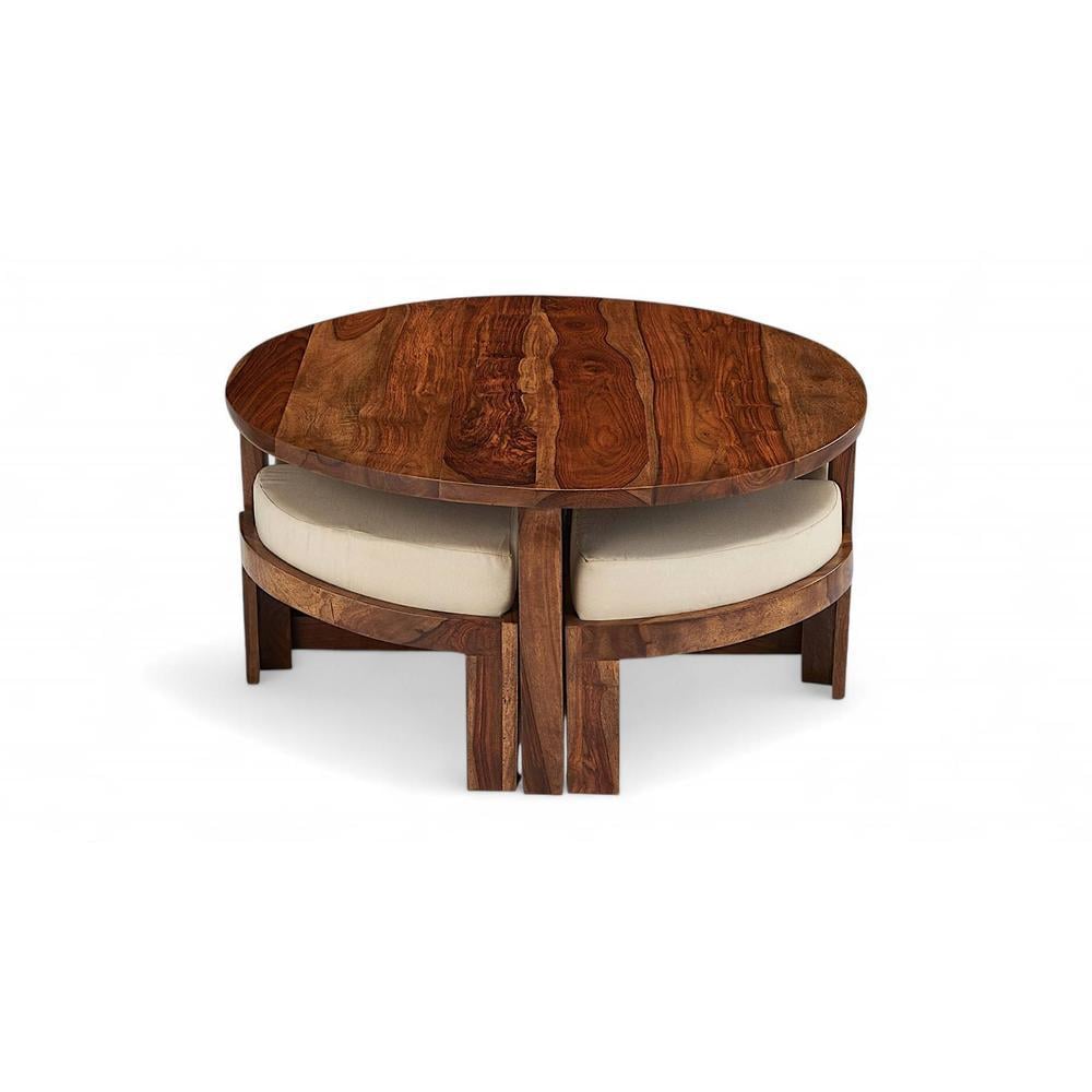 Nashville Sheesham Wood Accent Coffee Table Set With 4 Stools In Natural Teak Finish
