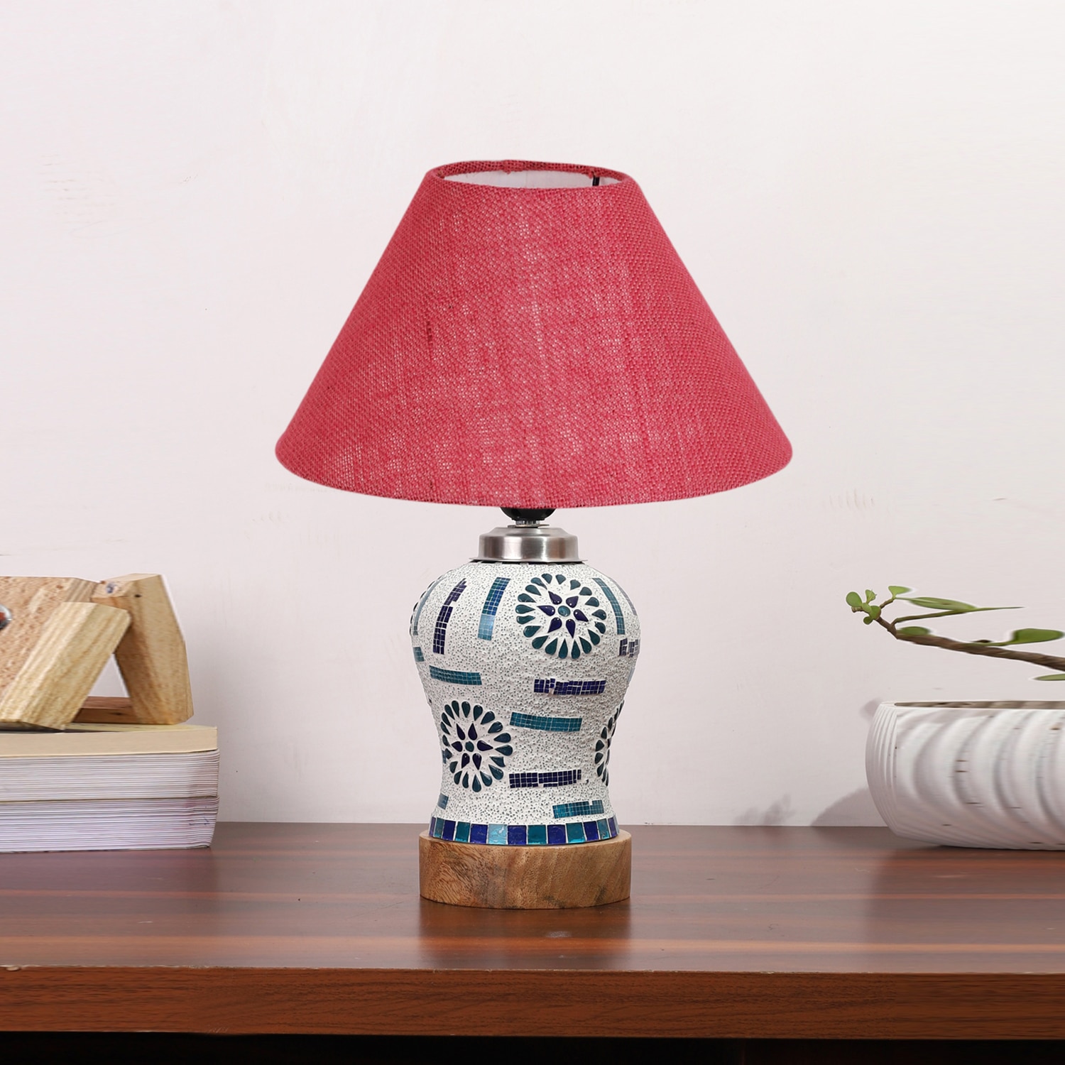 Devansh Conical Pink Jute Shade Lamp With Wood & Mosaic Glass Base For Decoration/Office/Home/Gifting/Study For Decoration/Office/Home/Gifting/Study -(10X10X14.5) Inches -A