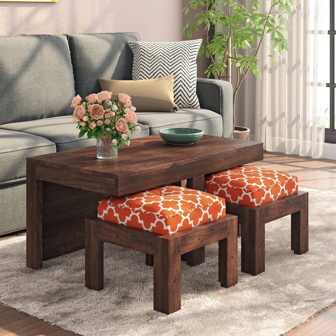 Kivaha 2 Seater Coffee Table Finish Walnut Fabric Morocco Lattice Rust - Urban Ladder