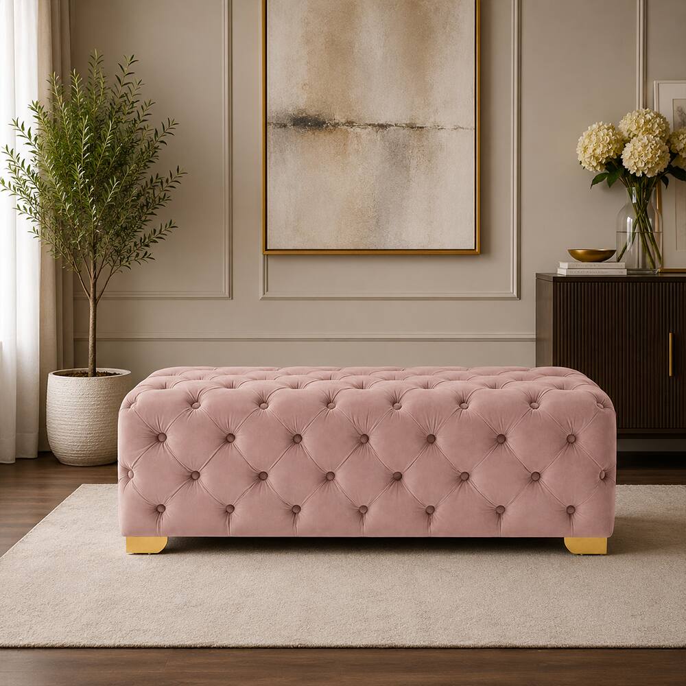 Doe Buck Velvet Tufted Bench in Pink Colour with Gold Base - Doe Buck