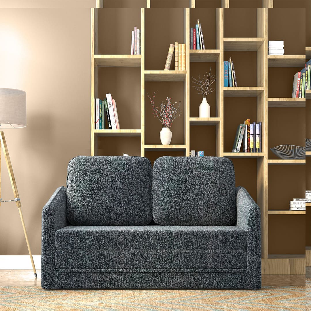 Kobi 2 Seater Fold Out Sofa Cum Bed in Charcoal Haze Colour with topper - Urban Ladder