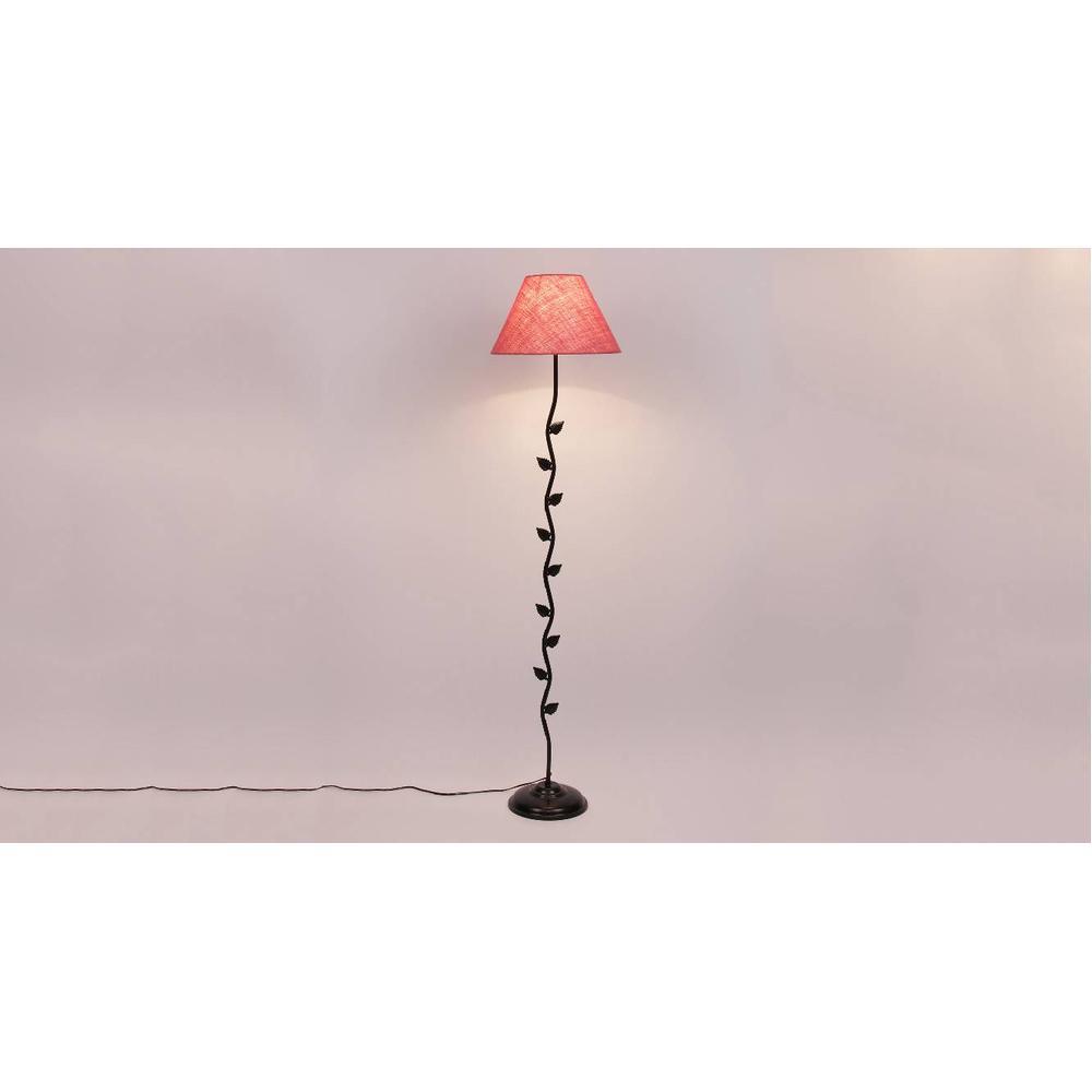 Ellee Pink Natural Fiber Floor Lamp with Black Iron Base