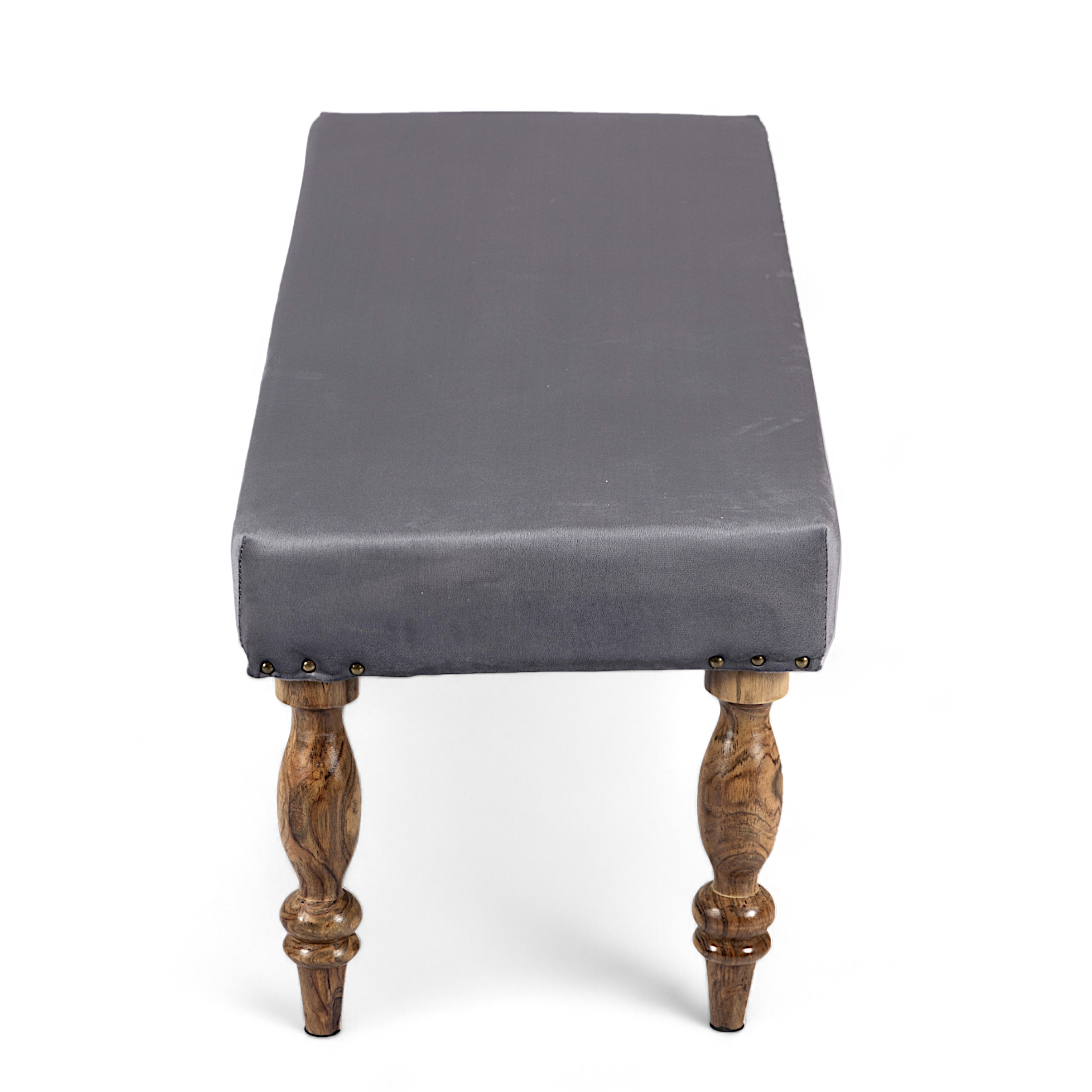 Cairo Sheesham Wood Accent 3 Seater Bench In Iron Grey Velvet