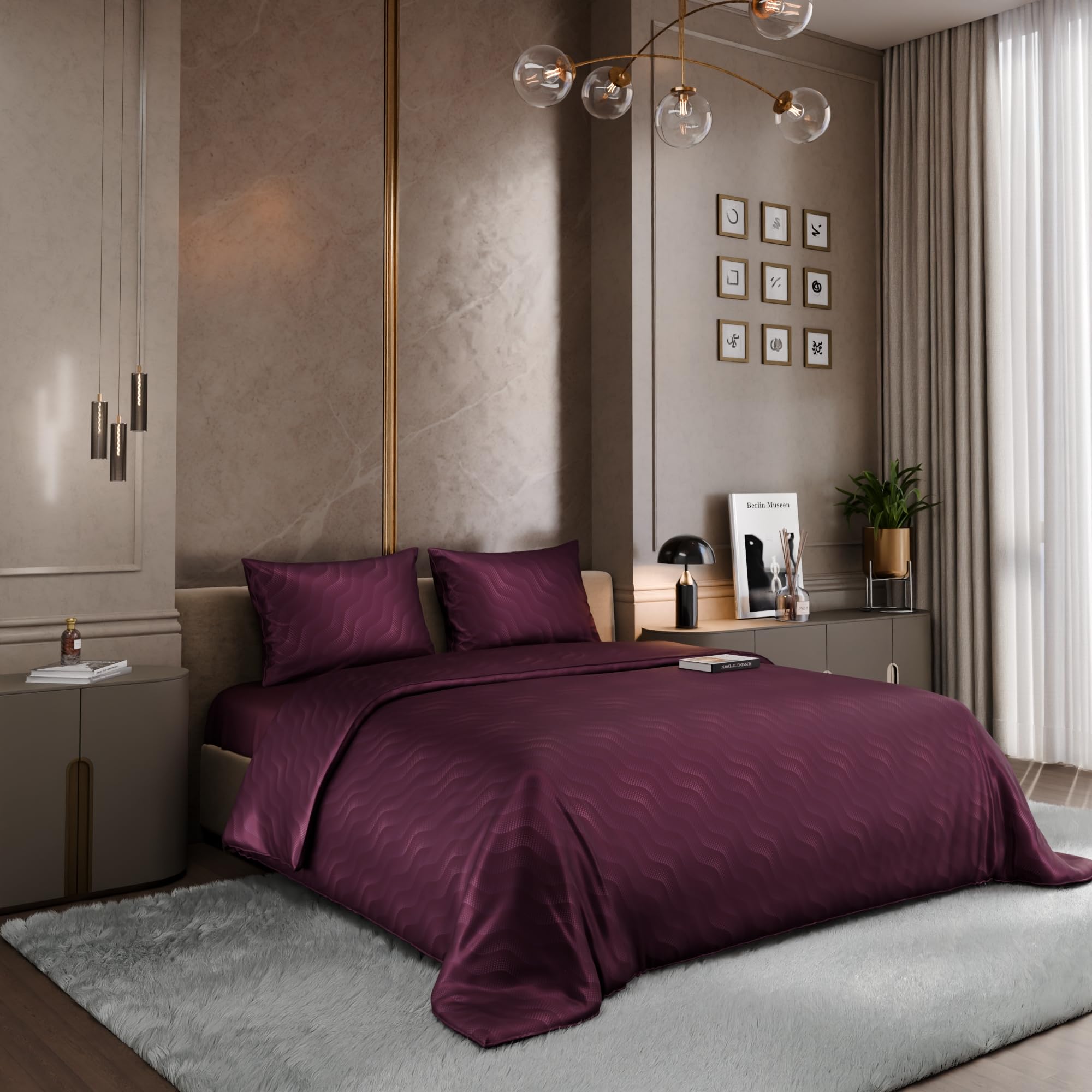 Stoa Paris Satin Comforter King Size with 2 Pillow Covers, 300TC Comforter Set Covers, Burgundy Bliss - Stoa Paris