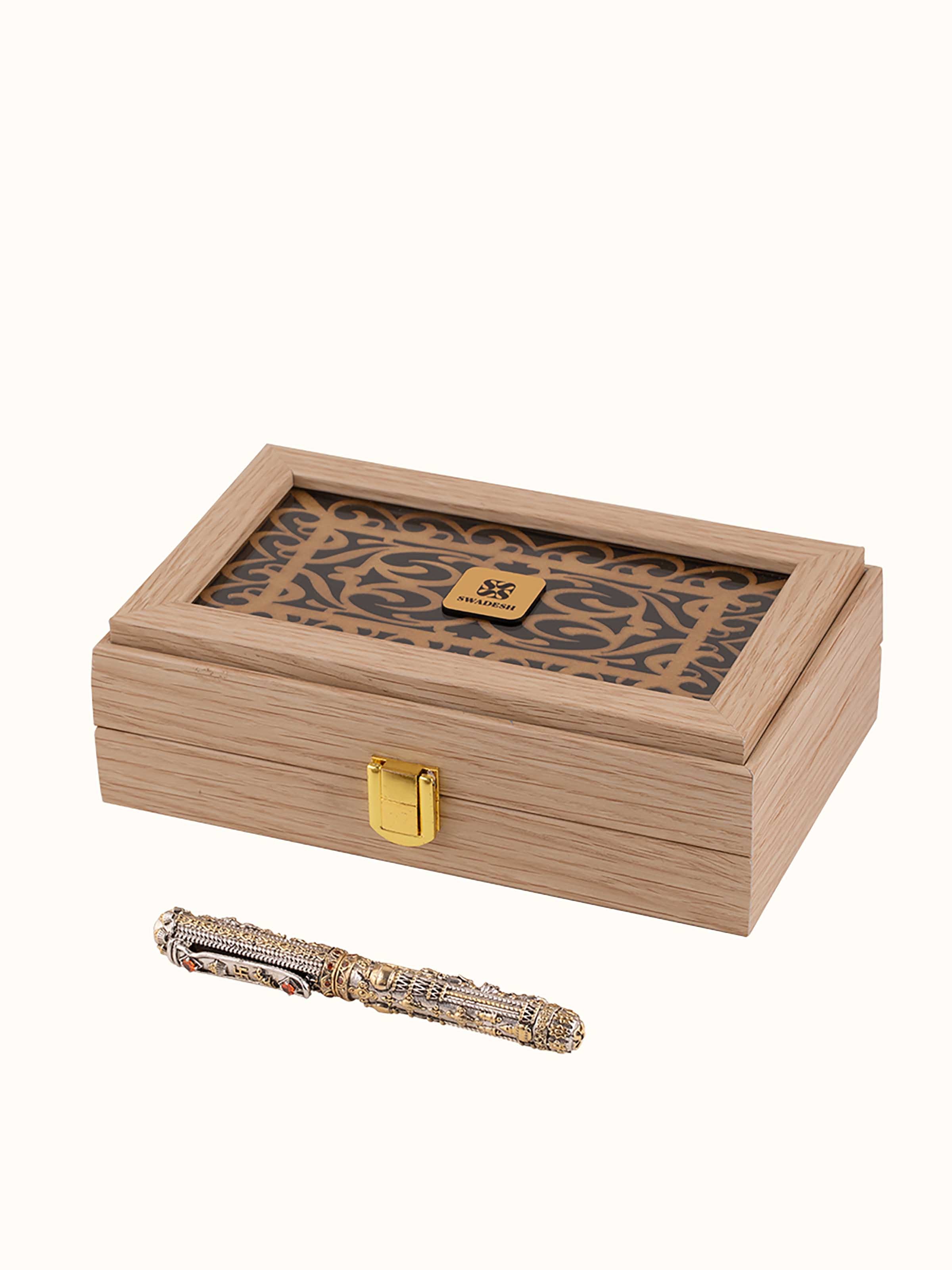 Front view of Lakshmi & Ganesha Silver Smithing Pen featuring intricate design by Swadesh