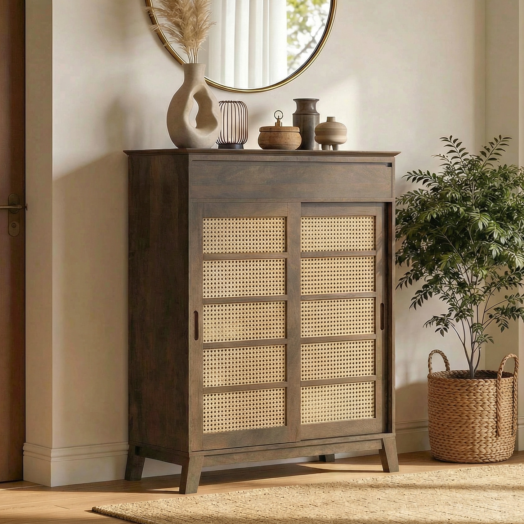 Fujiwara 20 Pair Solid Wood and Cane Shoe Cabinet With Drawer In Danish Walnut Finish