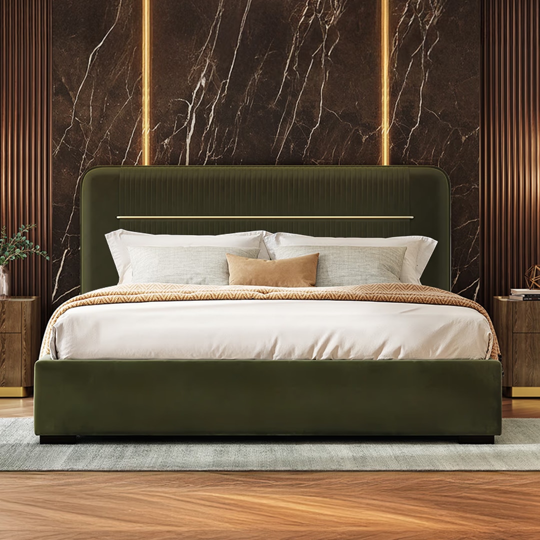 Milan Upholstered Hydraulic Storage Queen Size Bed In Deep Olive Velvet