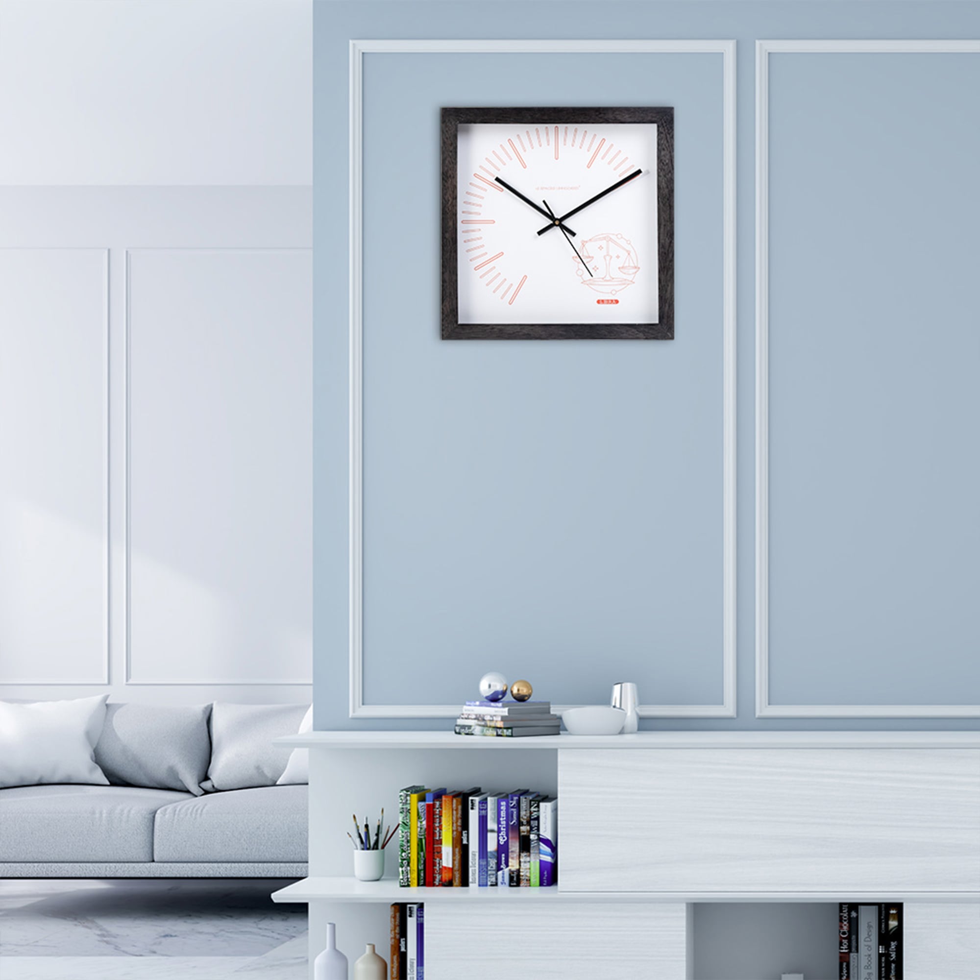 Libra Zodiac Wooden Wall Clock with Sharp Indices and Minimal White Dial